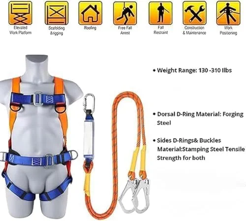 هارنس ایمنی تمام بدن - کمربند محافظت در برابر سقوط صنعتی قابل تنظیم با حلقه D، ظرفیت 140 کیلوگرم برای ساخت و ساز، سقف کاری، صعود به برج و ایمنی صنعتی