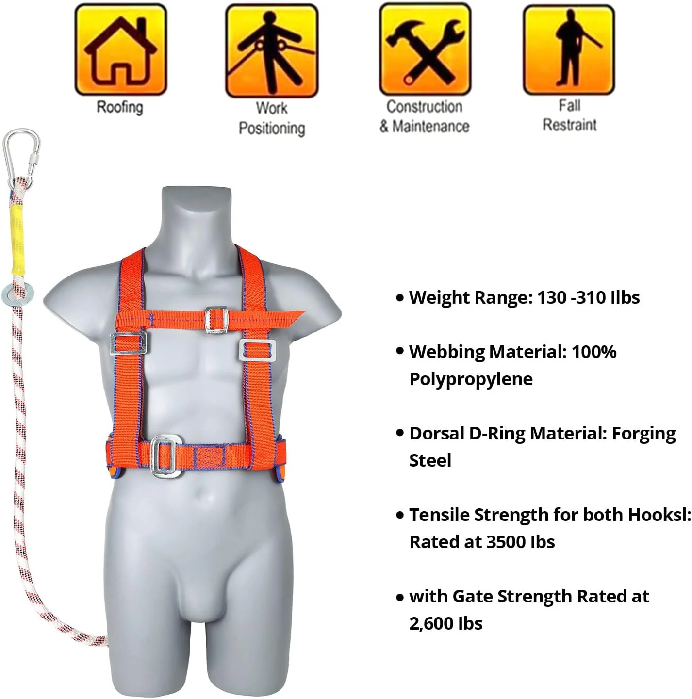 هارنس ایمنی TRSMIMA برای محافظت در برابر سقوط - کیت هارنس نیم تنه سقفی با طناب 6 فوتی و شانه های پد دار - مطابق با OSHA/ANSI