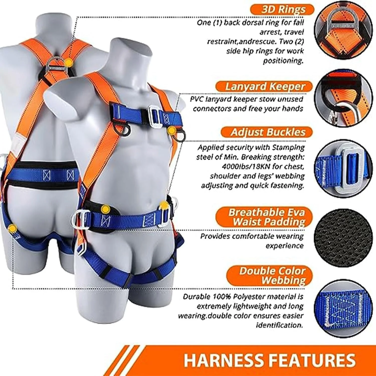هارنس ایمنی تمام بدن محافظت در برابر سقوط - هارنس قابل تنظیم با حلقه D | کمربند ایمنی ضد سقوط صنعتی، ظرفیت 140 کیلوگرم برای ساخت و ساز، سقف سازی، صخره نوردی برج و استفاده صنعتی