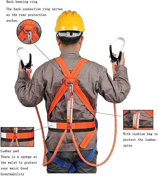 هارنس ایمنی تمام بدن محافظت در برابر سقوط - هارنس قابل تنظیم با حلقه D | کمربند ایمنی ضد سقوط صنعتی، ظرفیت 140 کیلوگرم برای ساخت و ساز، سقف سازی، صخره نوردی برج و استفاده صنعتی