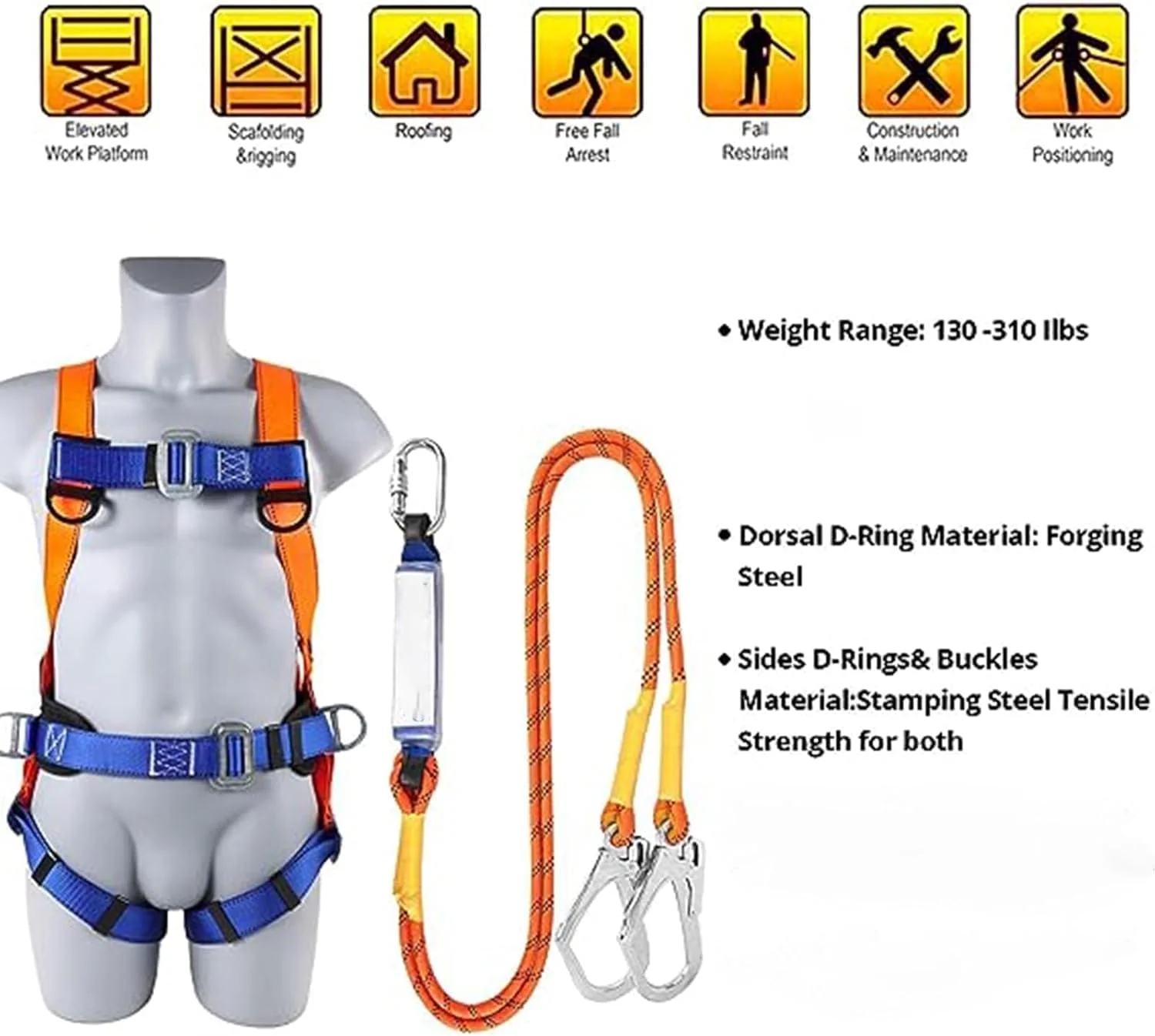 هارنس ایمنی تمام بدن محافظت در برابر سقوط - هارنس قابل تنظیم با حلقه D | کمربند ایمنی ضد سقوط صنعتی، ظرفیت 140 کیلوگرم برای ساخت و ساز، سقف سازی، صخره نوردی برج و استفاده صنعتی