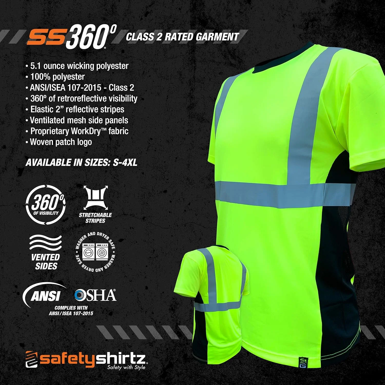 تی شرت ایمنی کلاس 2 SafetyShirtz SS360، زرد (سبز ایمنی) با تهویه در طرفین