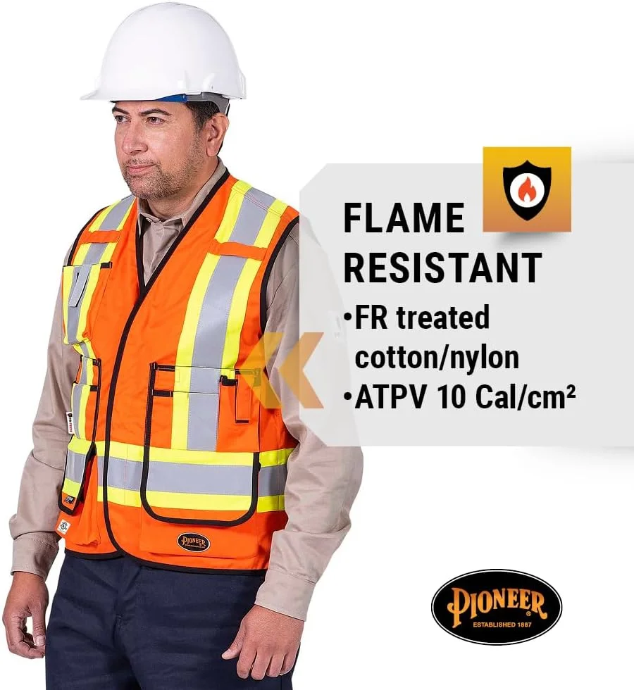 جلیقه ایمنی مهندسی Pioneer V2540750U- LFR-Tech Hi-Vis 88/12 7 oz FR/ARC-Rated با دید بالا و بست دکمه ای