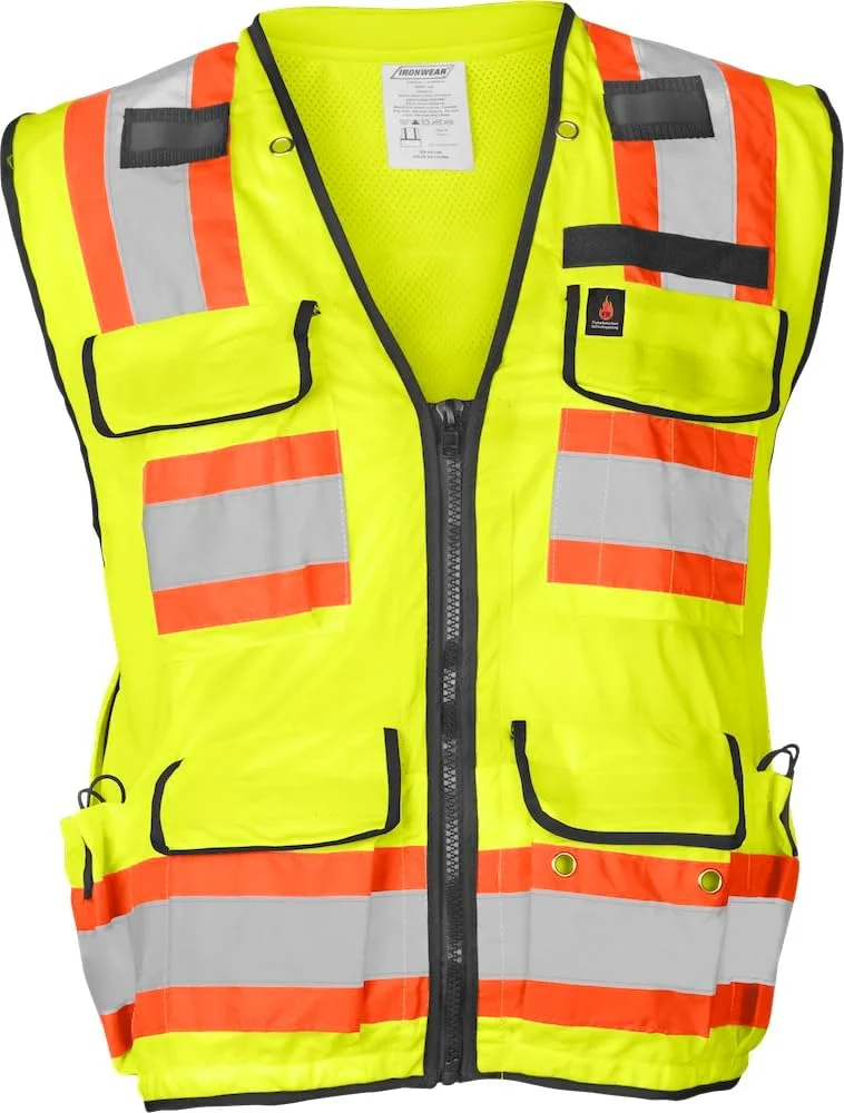 جلیقه ایمنی مهندسی پلی استر مقاوم در برابر آتش Ironwear 1278FR-L-06-3XL کلاس 2 ANSI با نوار بازتابنده نقره ای 2 اینچی، لیمویی، سایز 3X-Large