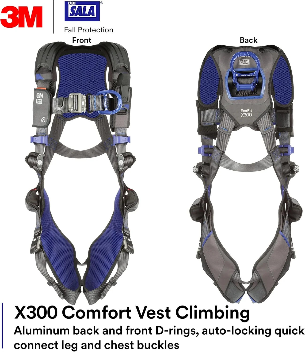 هارنس ایمنی صعود DBI-SALA ExoFit X300 مدل 3M 1113037، جلیقه راحت، محافظت در برابر سقوط، OSHA، ANSI، صنایع عمومی، حلقه D آلومینیومی در پشت و جلو، بندهای پا و سینه اتصال سریع خود قفل شونده، سایز بزرگ
