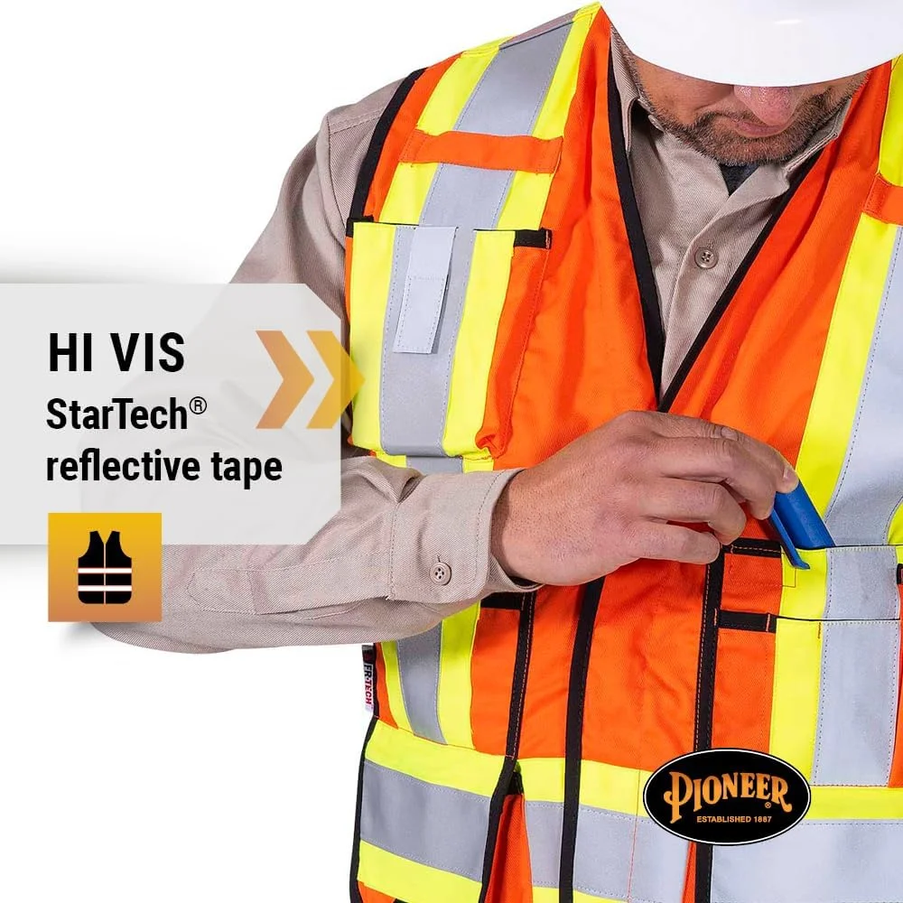 جلیقه ایمنی مهندسی Pioneer V2540750U- LFR-Tech Hi-Vis 88/12 7 oz FR/ARC-Rated با دید بالا و بست دکمه ای