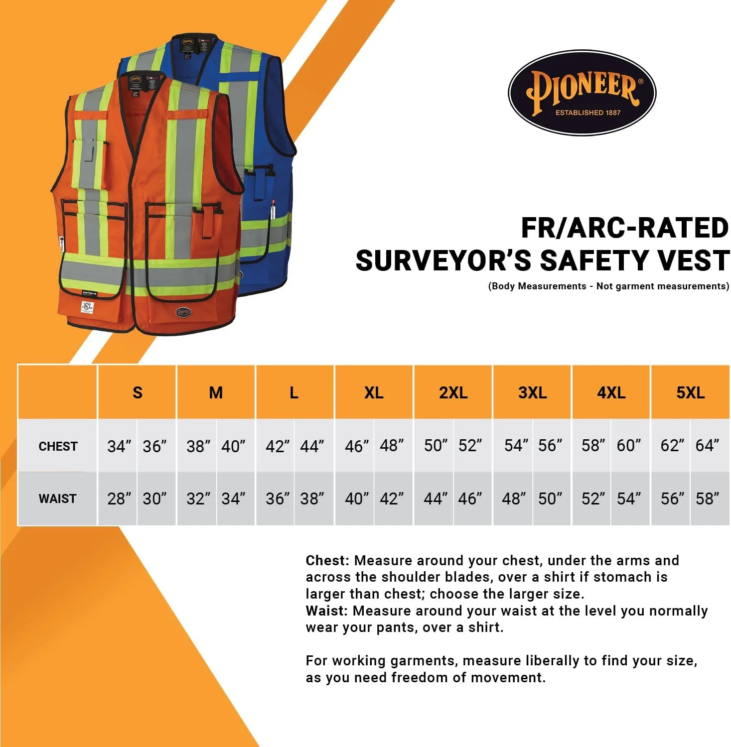 جلیقه ایمنی مهندسی Pioneer V2540750U- LFR-Tech Hi-Vis 88/12 7 oz FR/ARC-Rated با دید بالا و بست دکمه ای