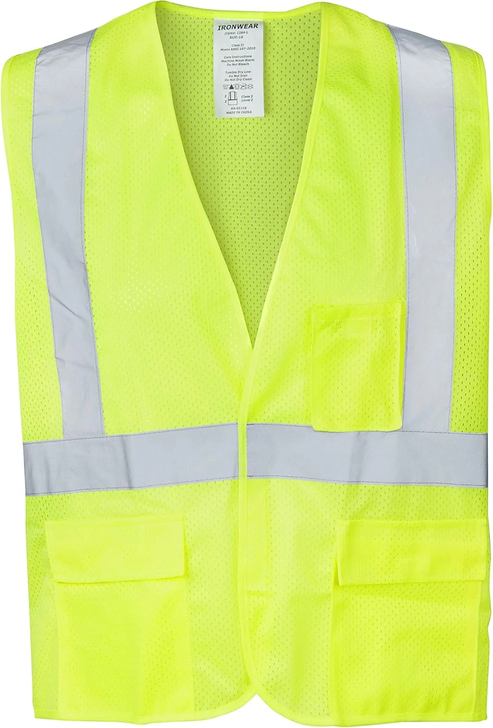 جلیقه ایمنی توری پلی استر ضد آتش Ironwear 1284FR-L-5-2XLG کلاس 2 ANSI با نوار بازتابنده نقره ای 2 اینچی، سایز 2X-بزرگ، لیمویی