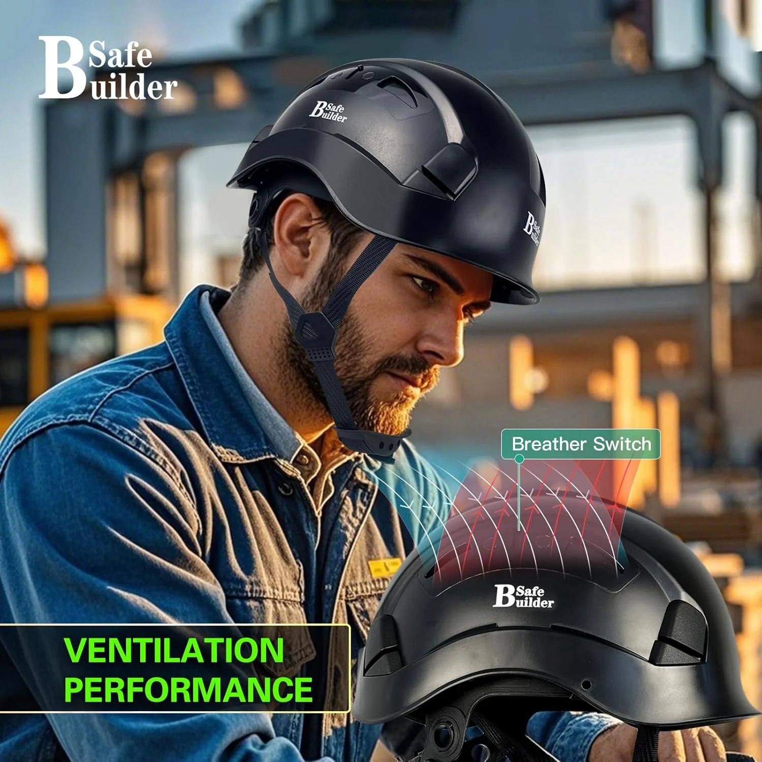 کلاه ایمنی صنعتی سیف‌بیلدِر با نقاب داخلی، کلاه سخت ABS با نقاب، کلاه ایمنی با تهویه قابل تنظیم، محافظ سر ساختمانی مطابق با استاندارد ANSI Z89.1