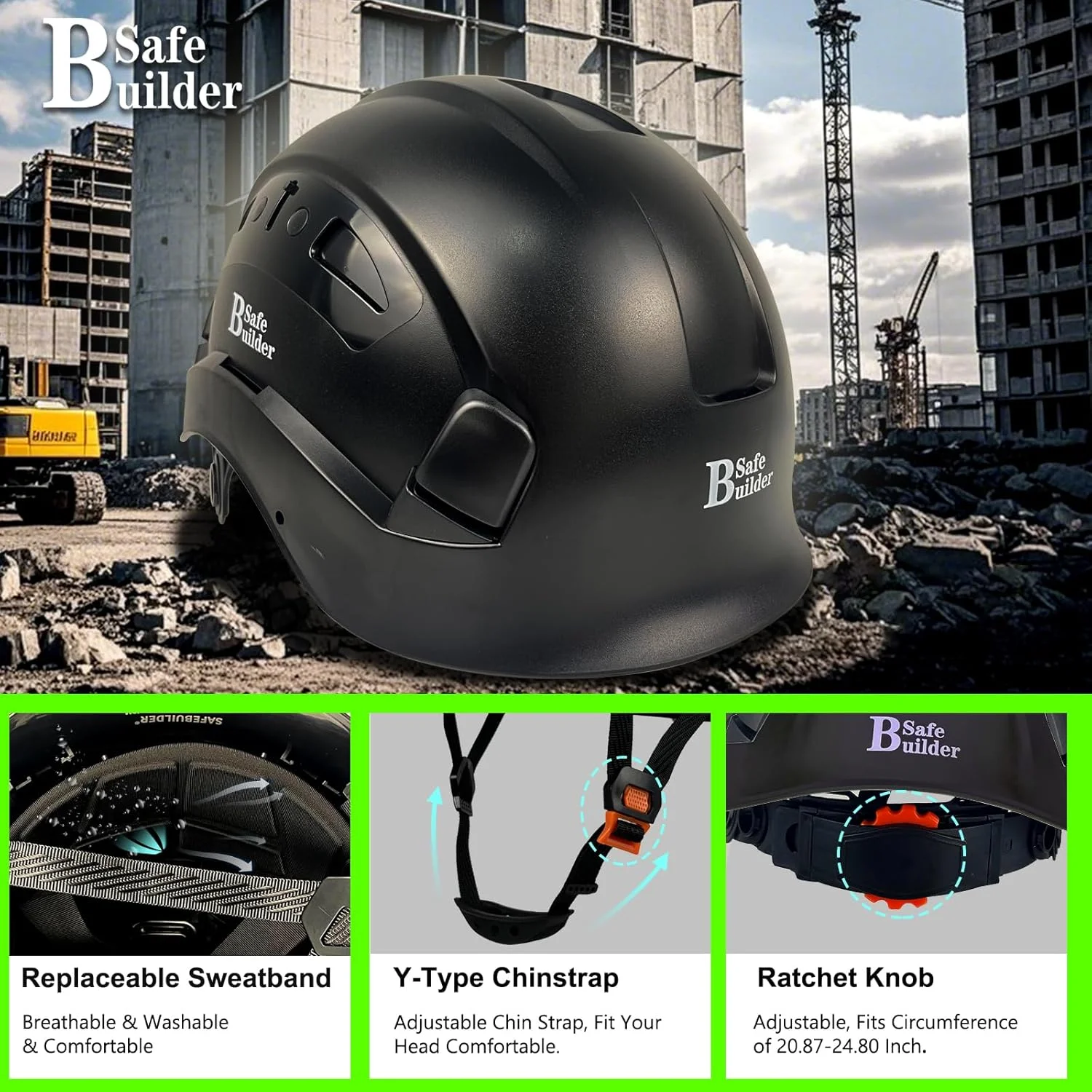 کلاه ایمنی صنعتی سیف‌بیلدِر با نقاب داخلی، کلاه سخت ABS با نقاب، کلاه ایمنی با تهویه قابل تنظیم، محافظ سر ساختمانی مطابق با استاندارد ANSI Z89.1