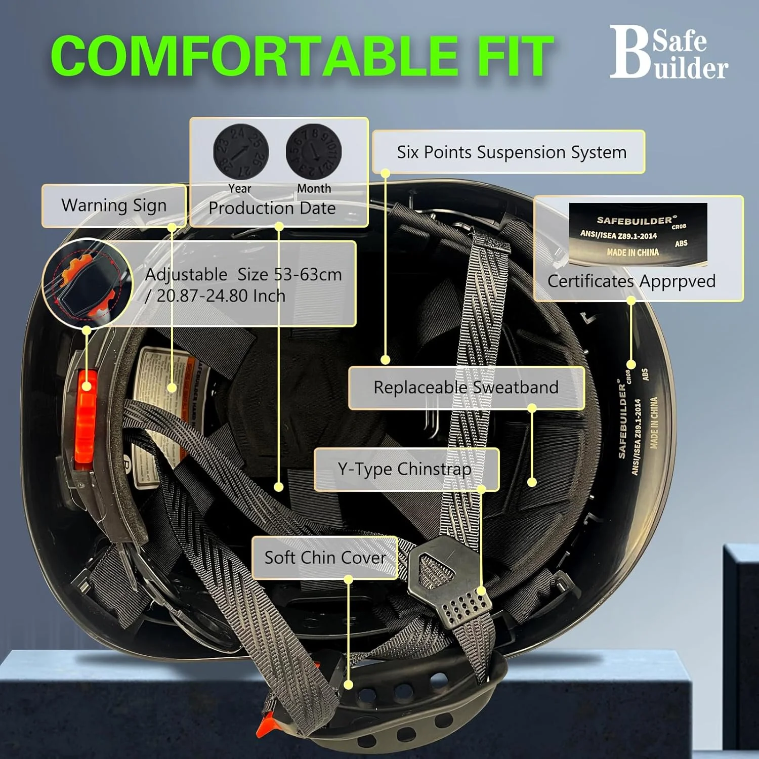 کلاه ایمنی صنعتی سیف‌بیلدِر با نقاب داخلی، کلاه سخت ABS با نقاب، کلاه ایمنی با تهویه قابل تنظیم، محافظ سر ساختمانی مطابق با استاندارد ANSI Z89.1