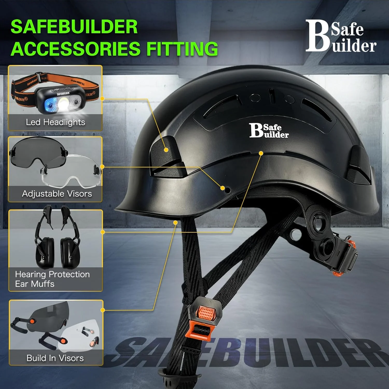 کلاه ایمنی صنعتی سیف‌بیلدِر با نقاب داخلی، کلاه سخت ABS با نقاب، کلاه ایمنی با تهویه قابل تنظیم، محافظ سر ساختمانی مطابق با استاندارد ANSI Z89.1