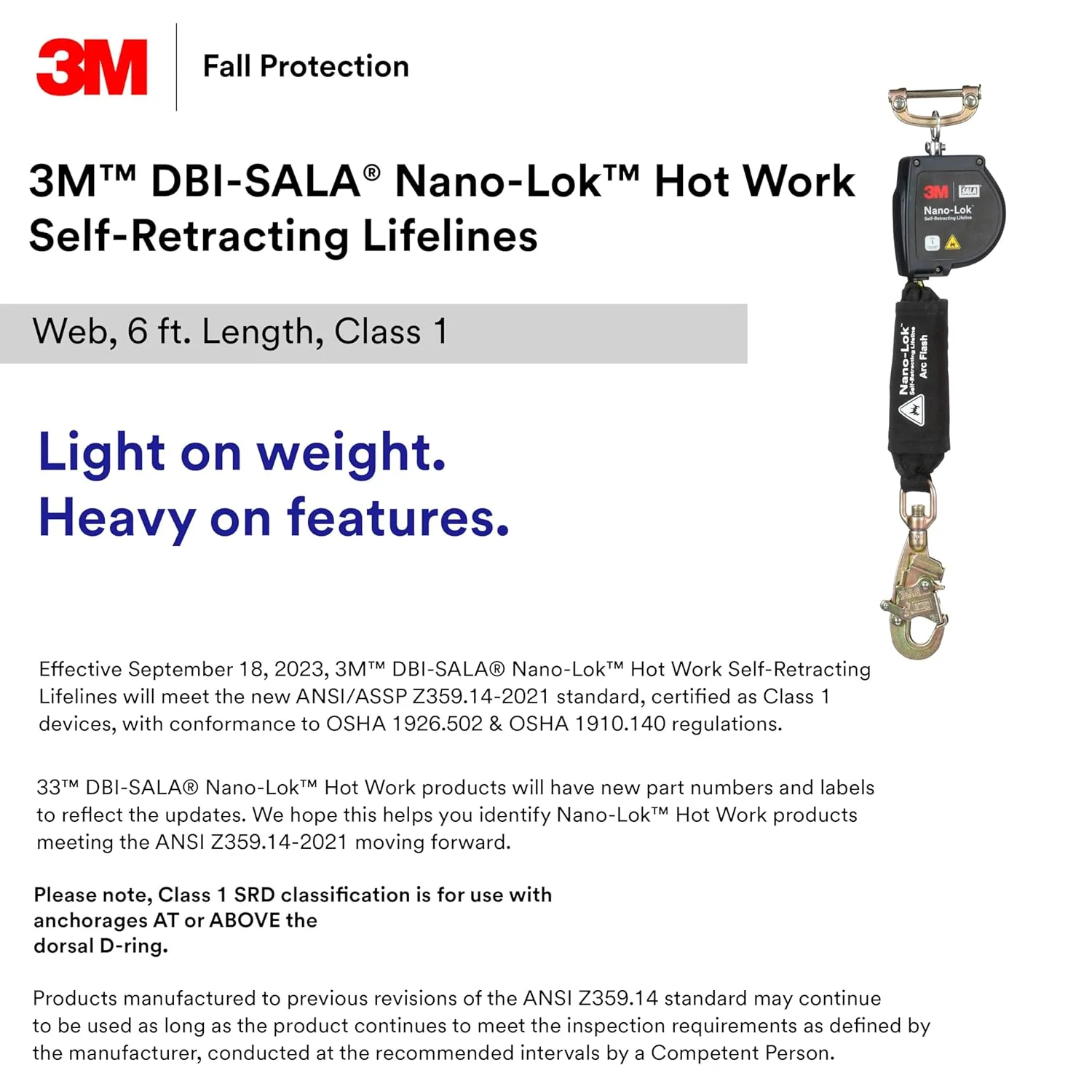 طناب نجات جمع شونده کار در ارتفاع 3M™ DBI-SALA® Nano-Lok™ مدل 3100562، تسمه ای، با قلاب فولادی، طول 1.8 متر مناسب برای کار در محیط های گرم