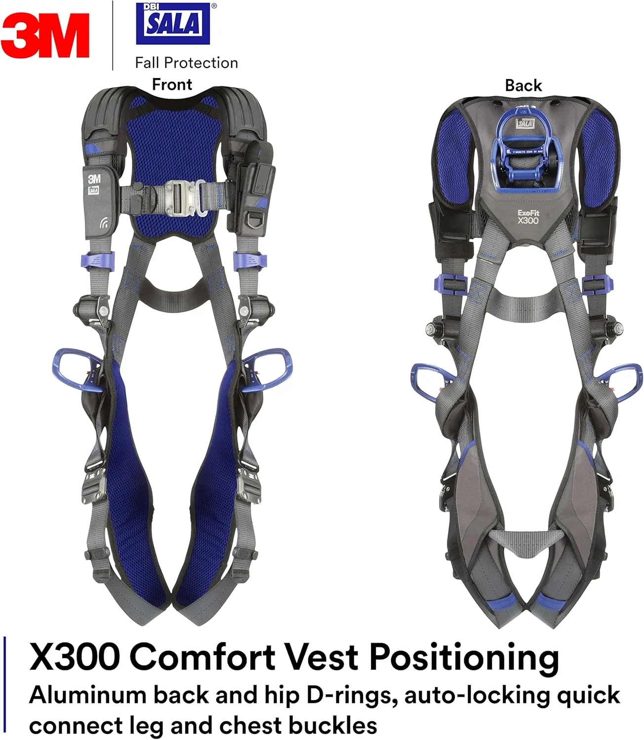 هارنس ایمنی موقعیت یابی جلیقه ای راحت DBI-SALA ExoFit X300 مدل 3M 113058، محافظت در برابر سقوط، OSHA، ANSI، صنعت عمومی، حلقه D آلومینیومی پشتی و باسن، سگک های اتصال سریع خود قفل شونده پا و سینه، 2X