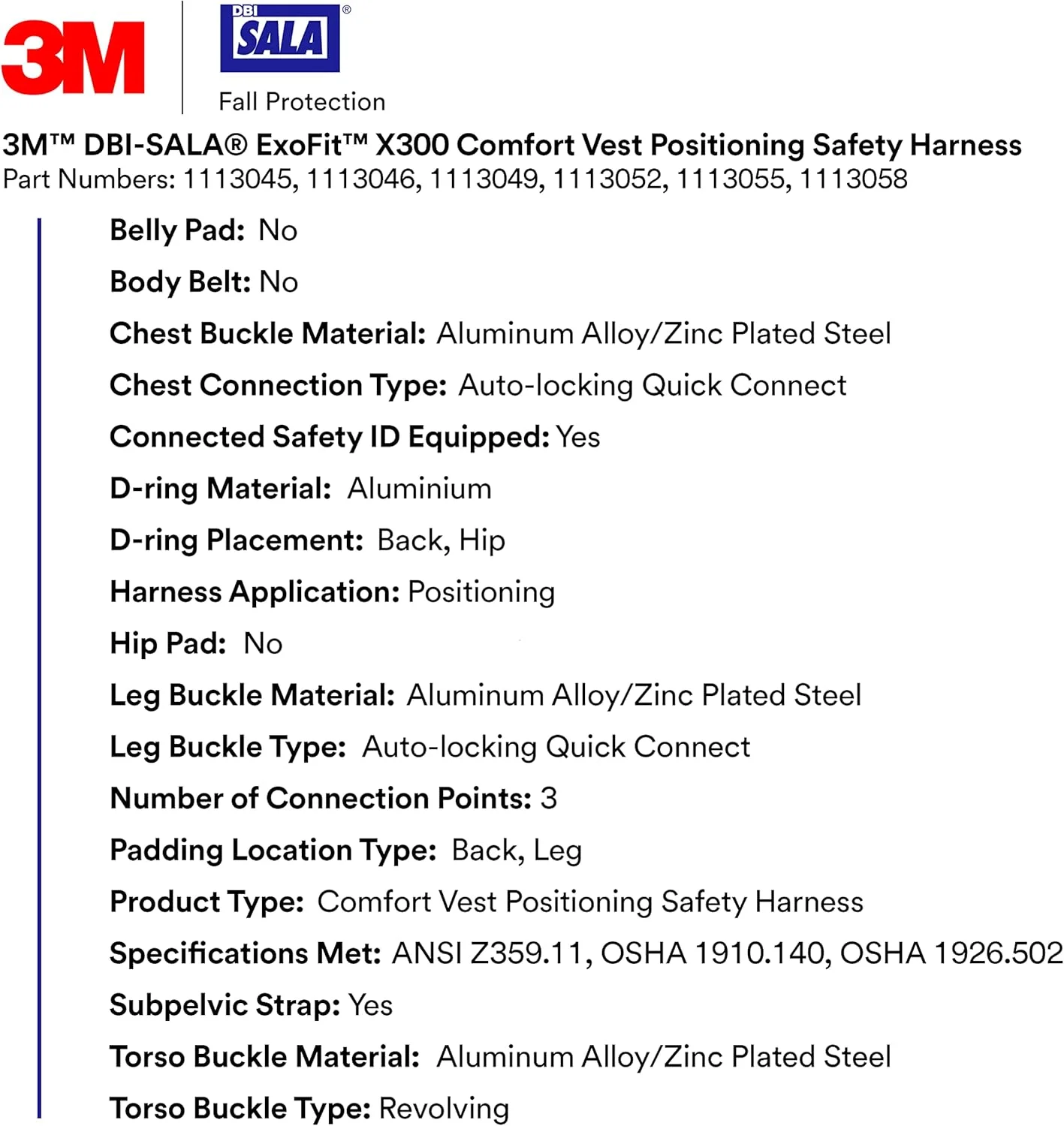 هارنس ایمنی موقعیت یابی جلیقه ای راحت DBI-SALA ExoFit X300 مدل 3M 113058، محافظت در برابر سقوط، OSHA، ANSI، صنعت عمومی، حلقه D آلومینیومی پشتی و باسن، سگک های اتصال سریع خود قفل شونده پا و سینه، 2X