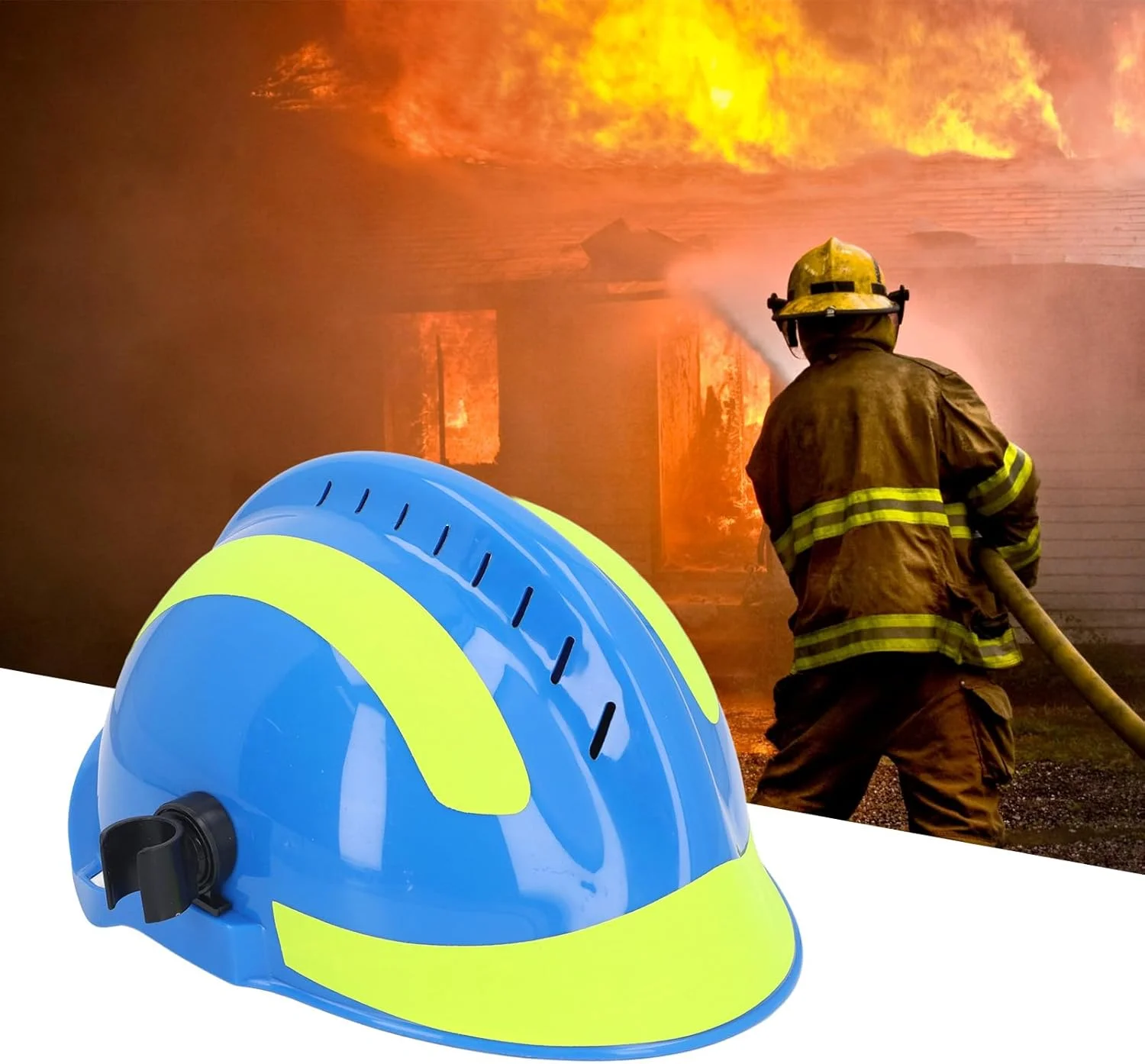 کلاه ایمنی، مقاوم در برابر حرارت، جذب شوک حرارتی، مقاوم در برابر شعله، مقاوم در برابر تشعشعات حرارتی و نوری، مناسب برای شرایط اضطراری در فضای باز (آبی)