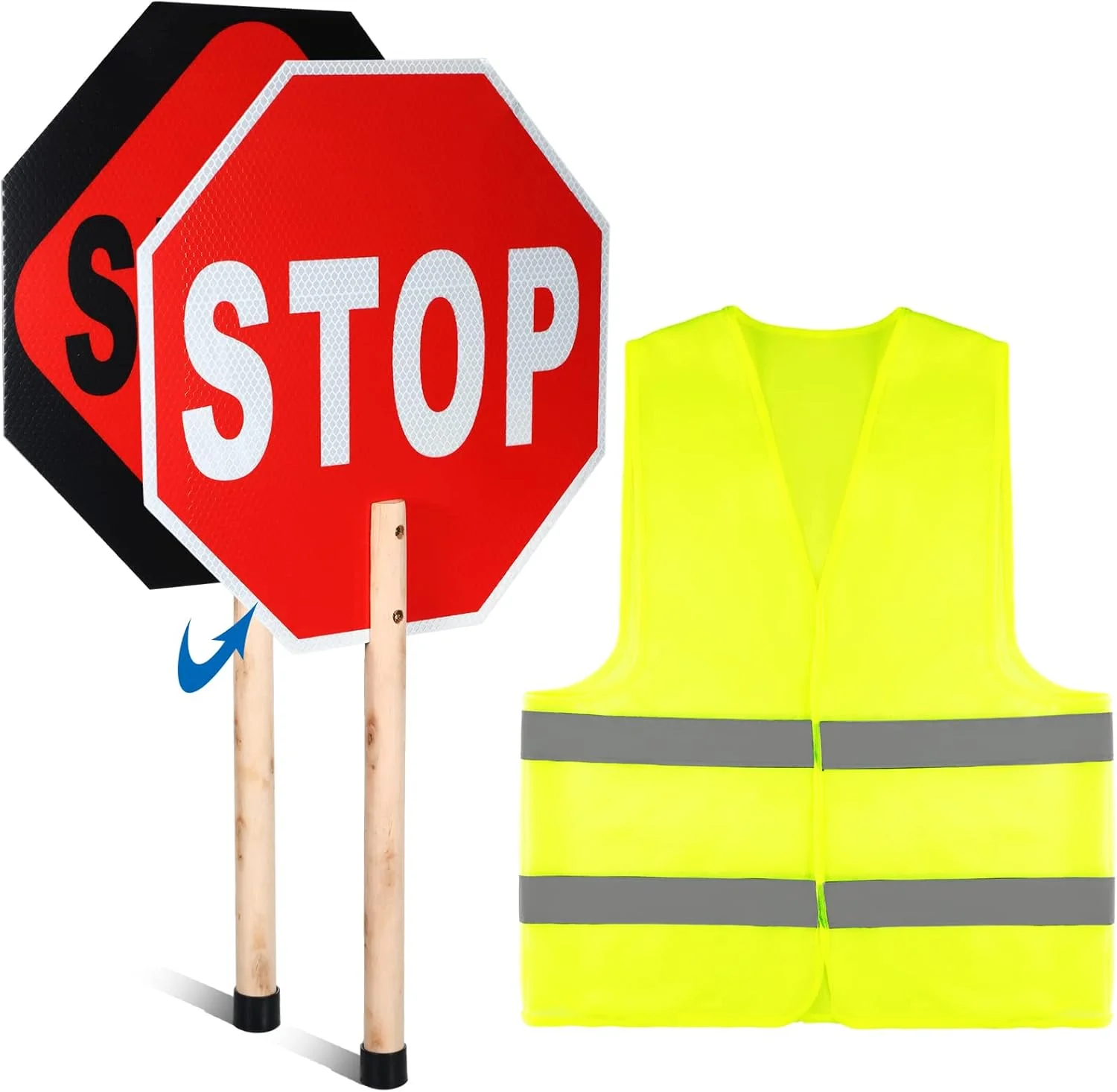 جلیقه ایمنی یاهندا با مجموعه علامت ایست/آهسته، جلیقه بازتابنده، جلیقه دید بالا و علامت ایست دو طرفه نگهبان عبور آلومینیومی ۱۳ اینچی در ۱۳ اینچی با دسته چوبی برای کار ساخت و ساز ترافیک جاده ای