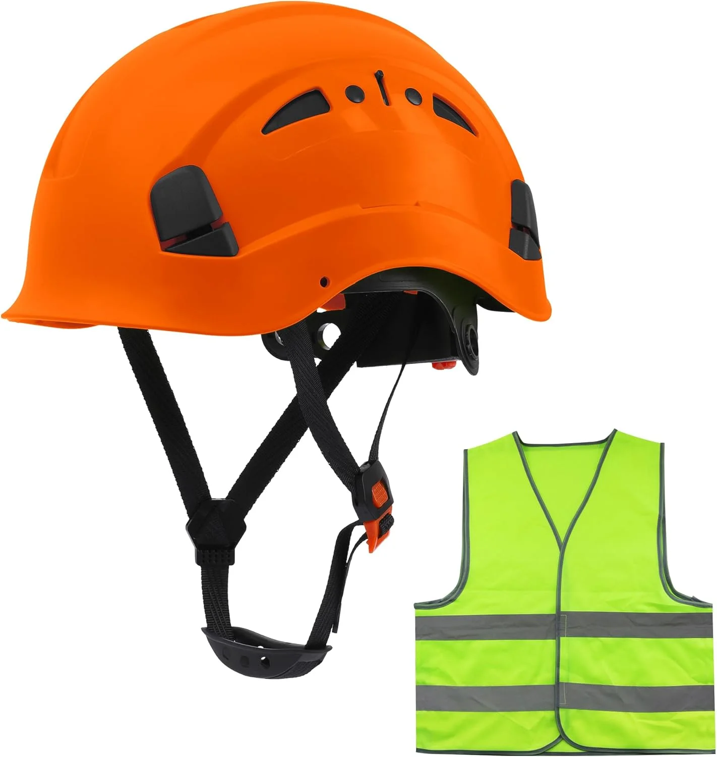 کلاه ایمنی سوراخ دار W&H از جنس ABS با سیستم تعلیق 6 نقطه ای به همراه جلیقه شبرنگ، دارای گواهینامه ANSI/ISEA Z89.1 برای ایمنی در ساخت و ساز