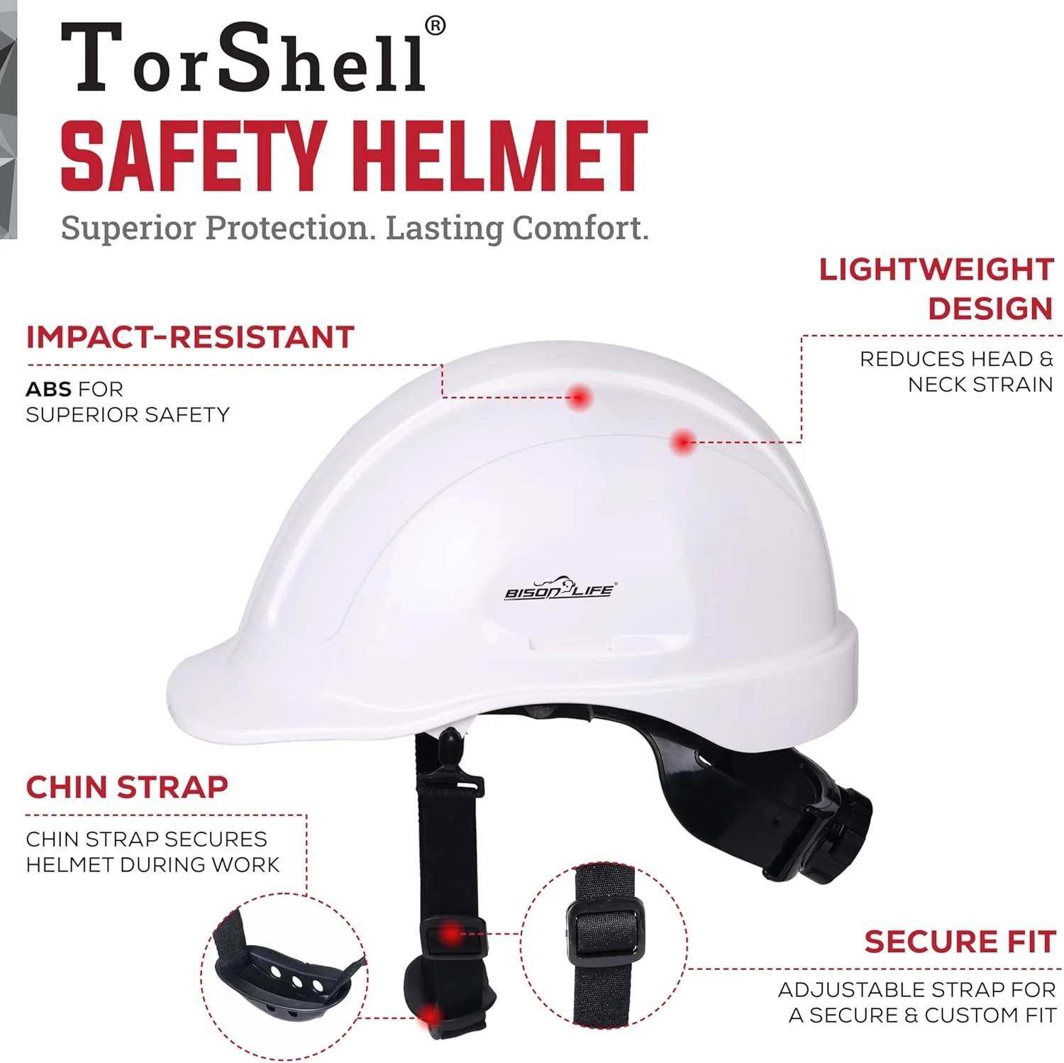 کلاه ایمنی ABS Bison Life TorShell – کلاه سخت با مهار نایلونی و تنظیم جغجغه ای، محافظت سبک وزن از سر برای ساخت و ساز، معدن و نگهداری