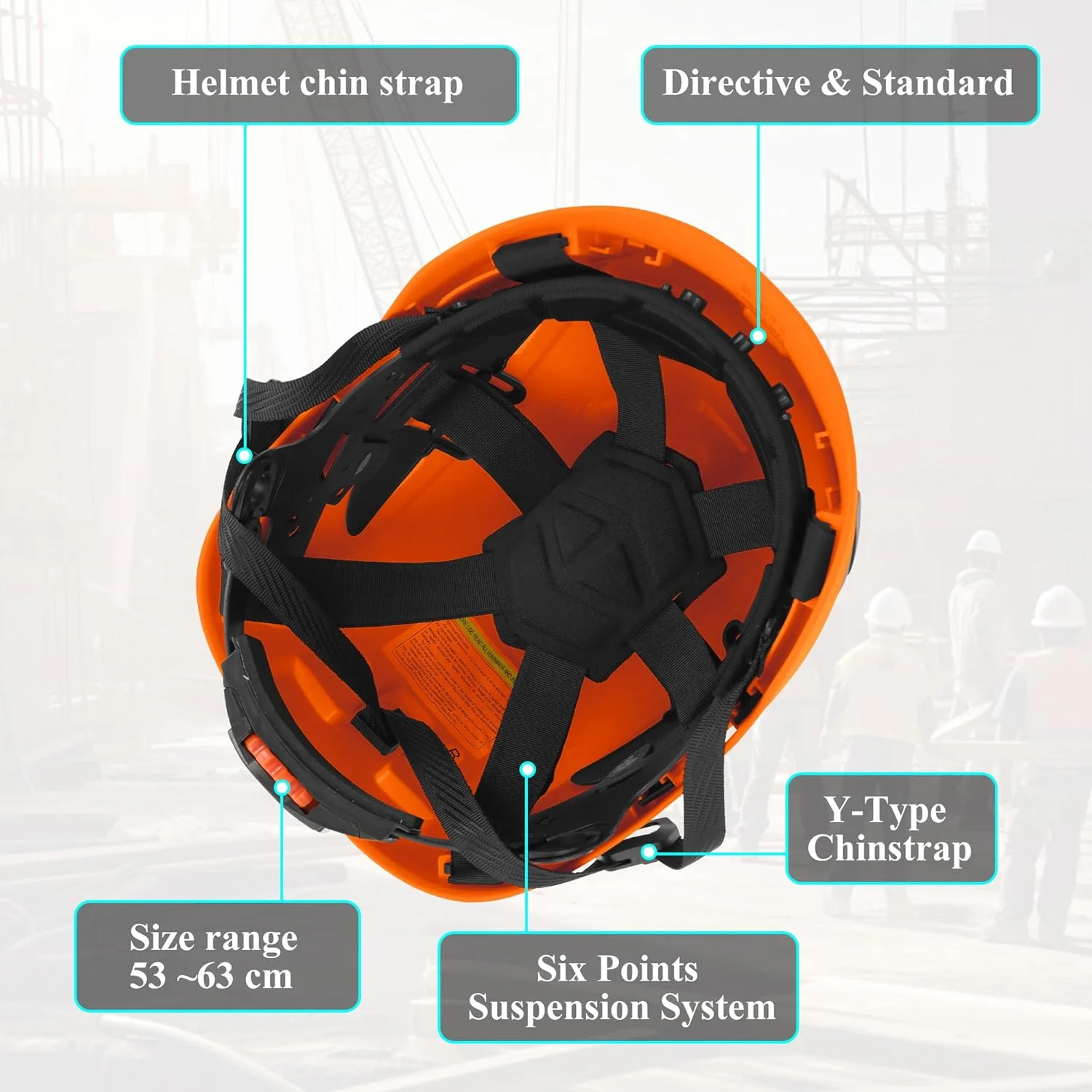 کلاه ایمنی سوراخ دار W&H از جنس ABS با سیستم تعلیق 6 نقطه ای به همراه جلیقه شبرنگ، دارای گواهینامه ANSI/ISEA Z89.1 برای ایمنی در ساخت و ساز