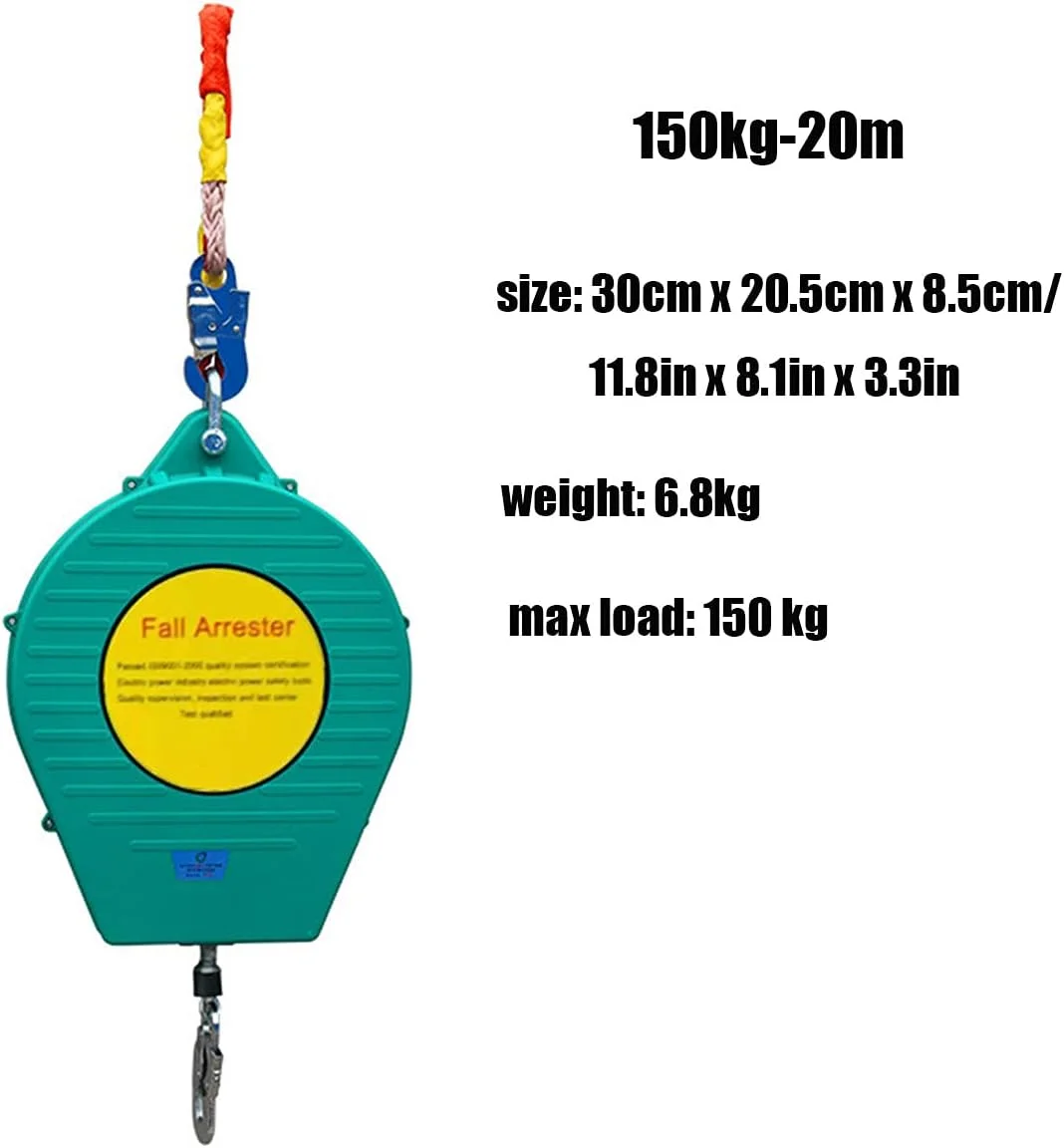 طناب نجات جمع شونده خودکار GIKHFSA، ترمز سقوط، تحمل وزن 150 کیلوگرم، 20 متر، با گیره قفل کارابین فولادی، مناسب برای سقف کاری، کار در ارتفاع، محافظت شخصی در برابر سقوط