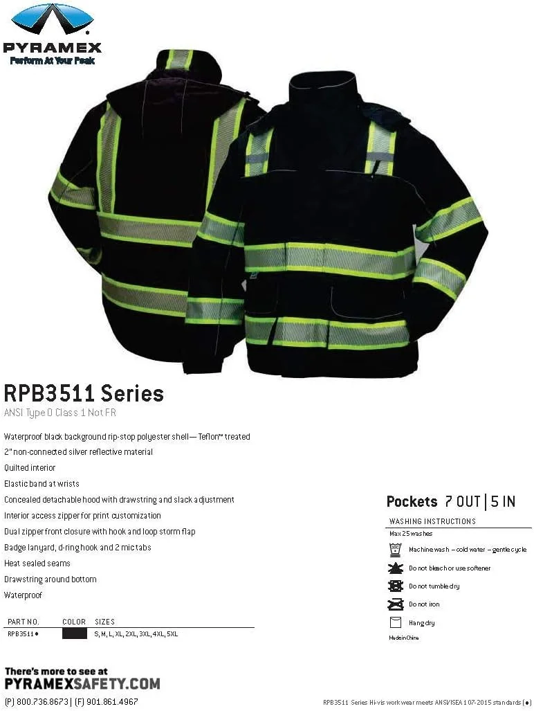 پارکا ضد آب مشکی با روکش تفلون سری Pyramex Safety RPB35، کلاس 1 نوع O ANSI با آستر لحافی، سایز بزرگ پارکا ضد آب مشکی با روکش تفلون سری Pyramex Safety RPB35، کلاس 1 نوع O ANSI با آستر لحافی، سایز بزرگ