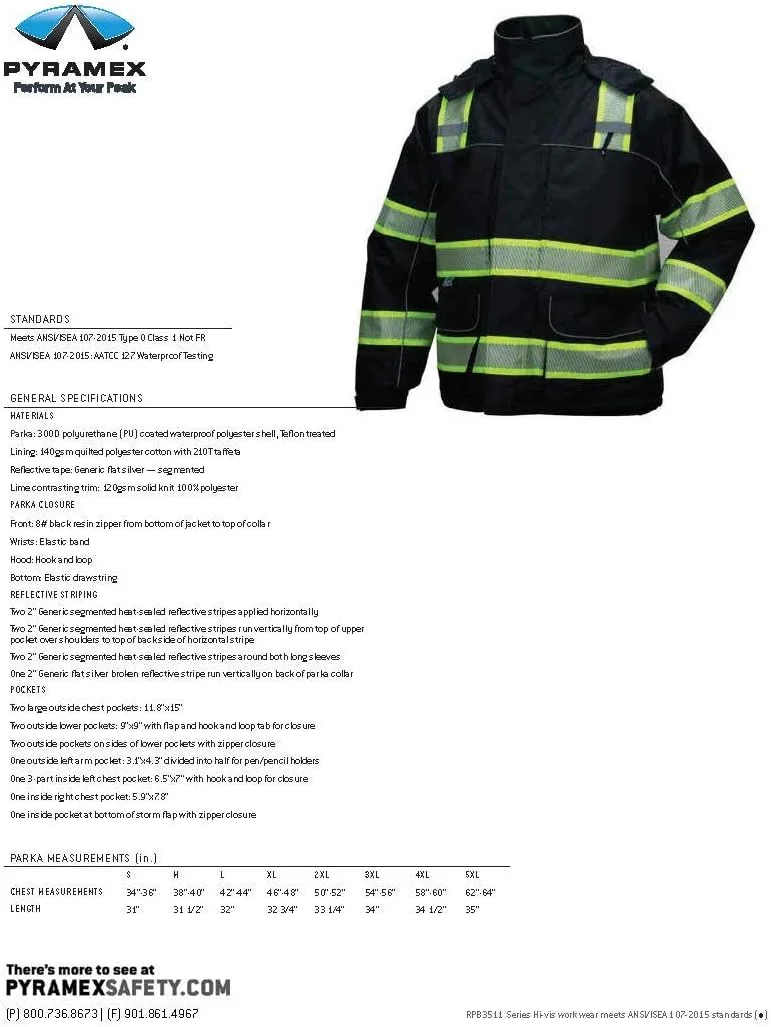 پارکا ضد آب مشکی با روکش تفلون سری Pyramex Safety RPB35، کلاس 1 نوع O ANSI با آستر لحافی، سایز بزرگ پارکا ضد آب مشکی با روکش تفلون سری Pyramex Safety RPB35، کلاس 1 نوع O ANSI با آستر لحافی، سایز بزرگ