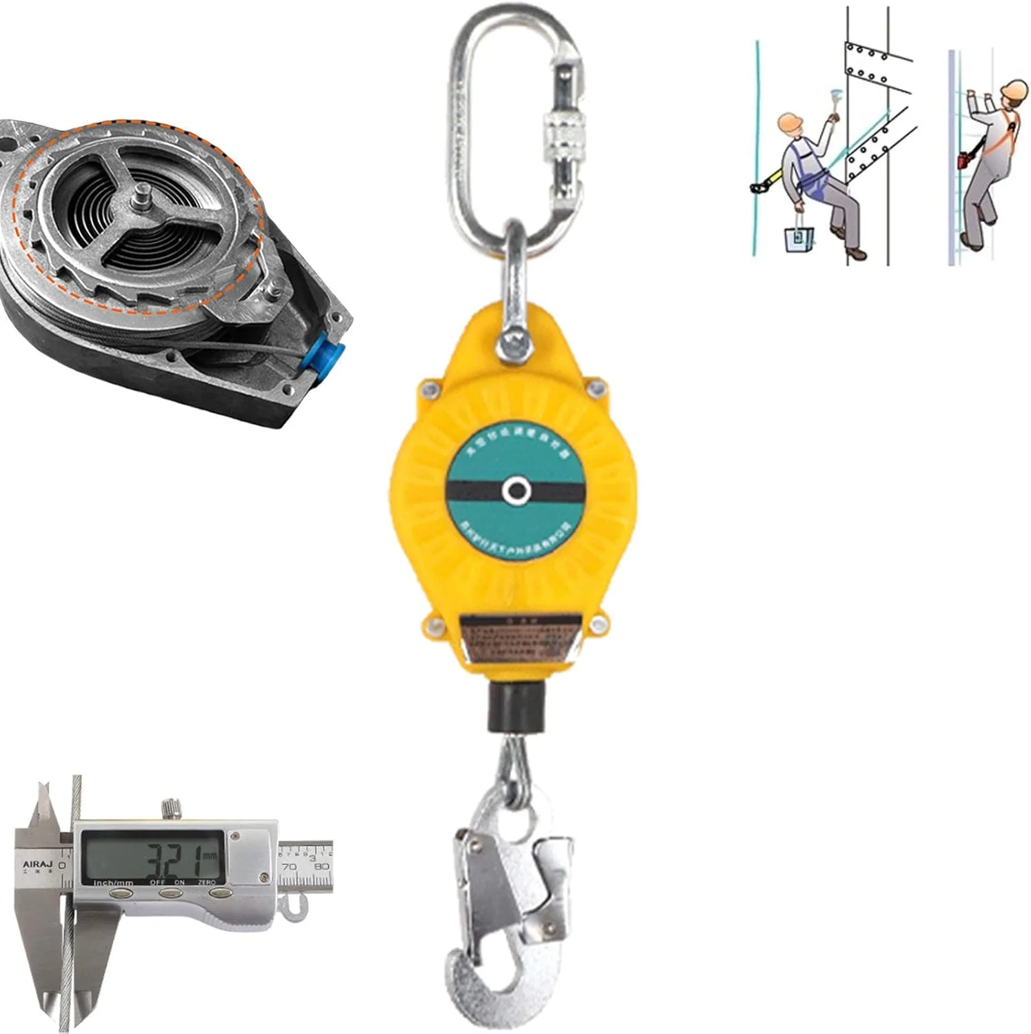 طناب نجات جمع شونده با قلاب میلگرد و سیم بکسل، دستگاه ایمنی حفاظت از سقوط برای ساخت و ساز سقف، کشتی و صخره نوردی، تحمل وزن 150 کیلوگرم (20 متر)