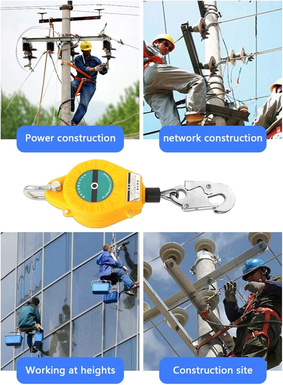 طناب نجات جمع شونده با قلاب میلگرد و سیم بکسل، دستگاه ایمنی حفاظت از سقوط برای ساخت و ساز سقف، کشتی و صخره نوردی، تحمل وزن 150 کیلوگرم (20 متر)