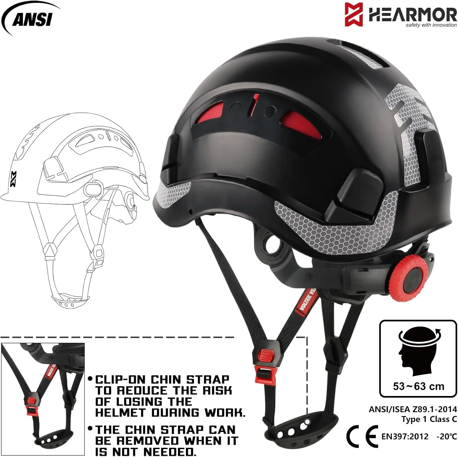 کلاه ایمنی ساختمانی HEARMOR، کلاه ایمنی ABS قابل تنظیم دارای گواهینامه EN397 با سیستم храповик 6 نقطه ای، شامل آستر خنک کننده و کیف حمل - مناسب برای همه محیط های کاری