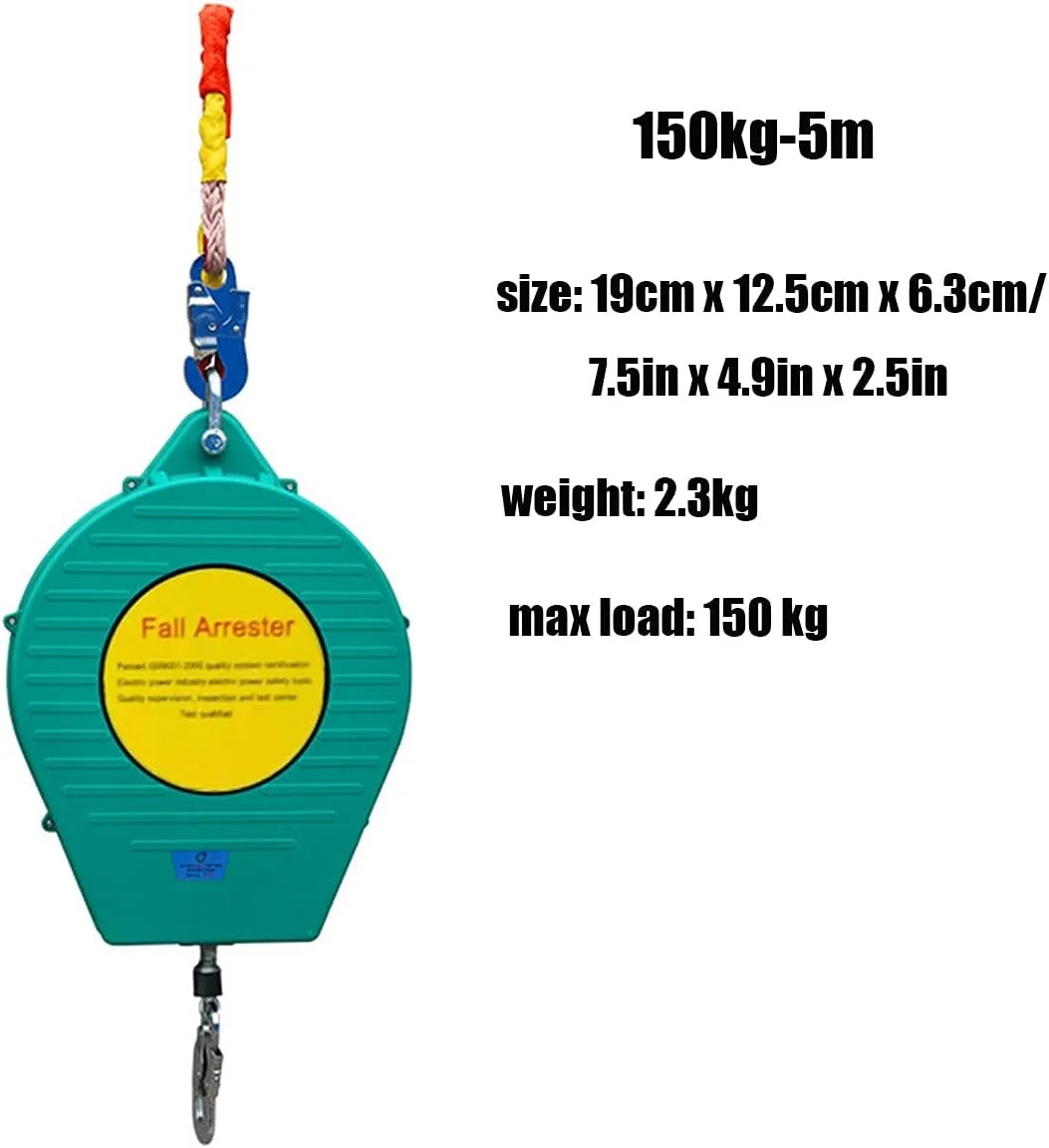 طناب نجات جمع شونده GIKHFSA، ترمز سقوط، تحمل وزن 150 کیلوگرم، 5 متر، با گیره کارابین فولادی، مناسب برای سقف کاری، کار در ارتفاع، محافظت شخصی در برابر سقوط