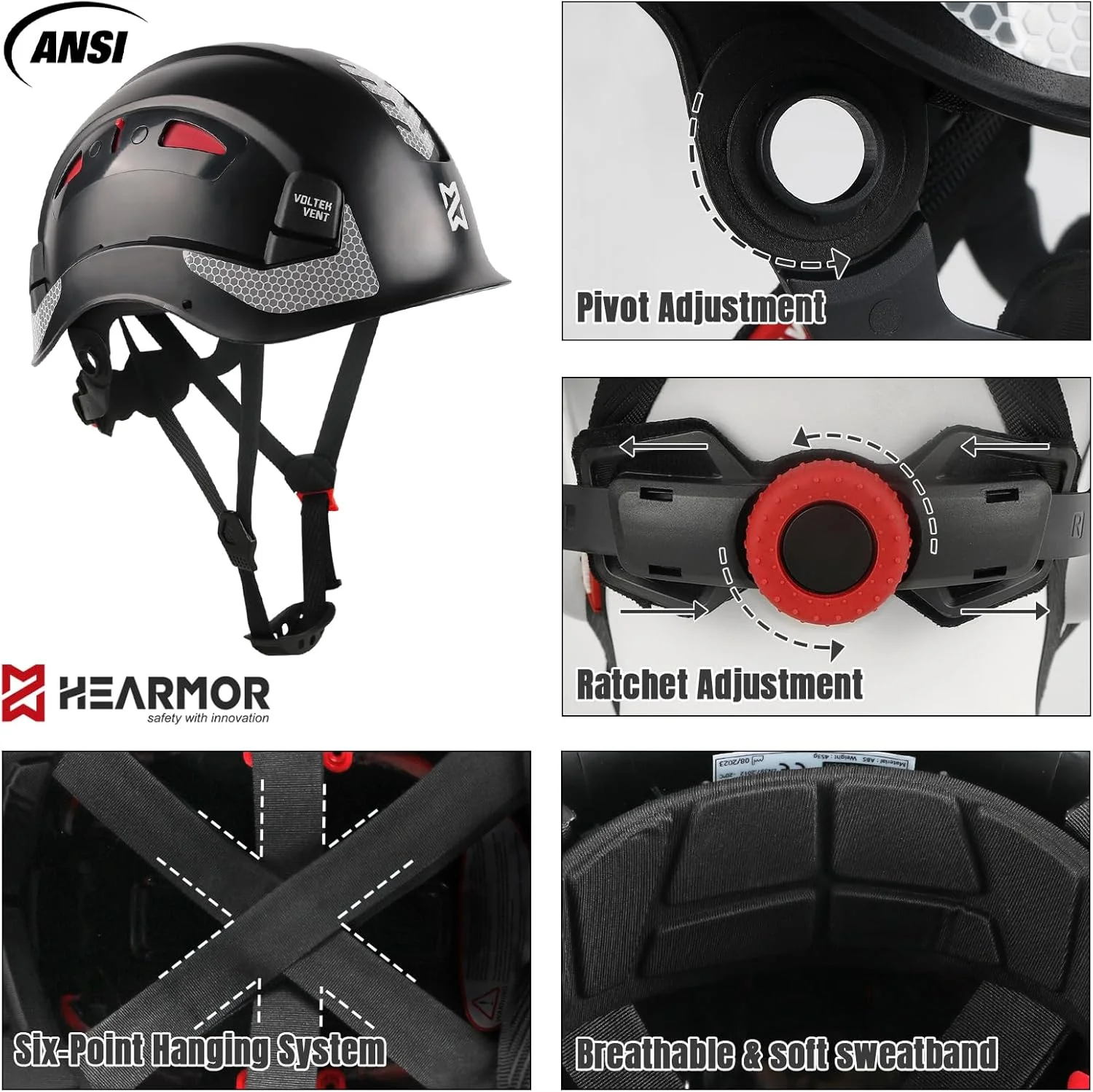 کلاه ایمنی ساختمانی HEARMOR، کلاه ایمنی ABS قابل تنظیم دارای گواهینامه EN397 با سیستم храповик 6 نقطه ای، شامل آستر خنک کننده و کیف حمل - مناسب برای همه محیط های کاری