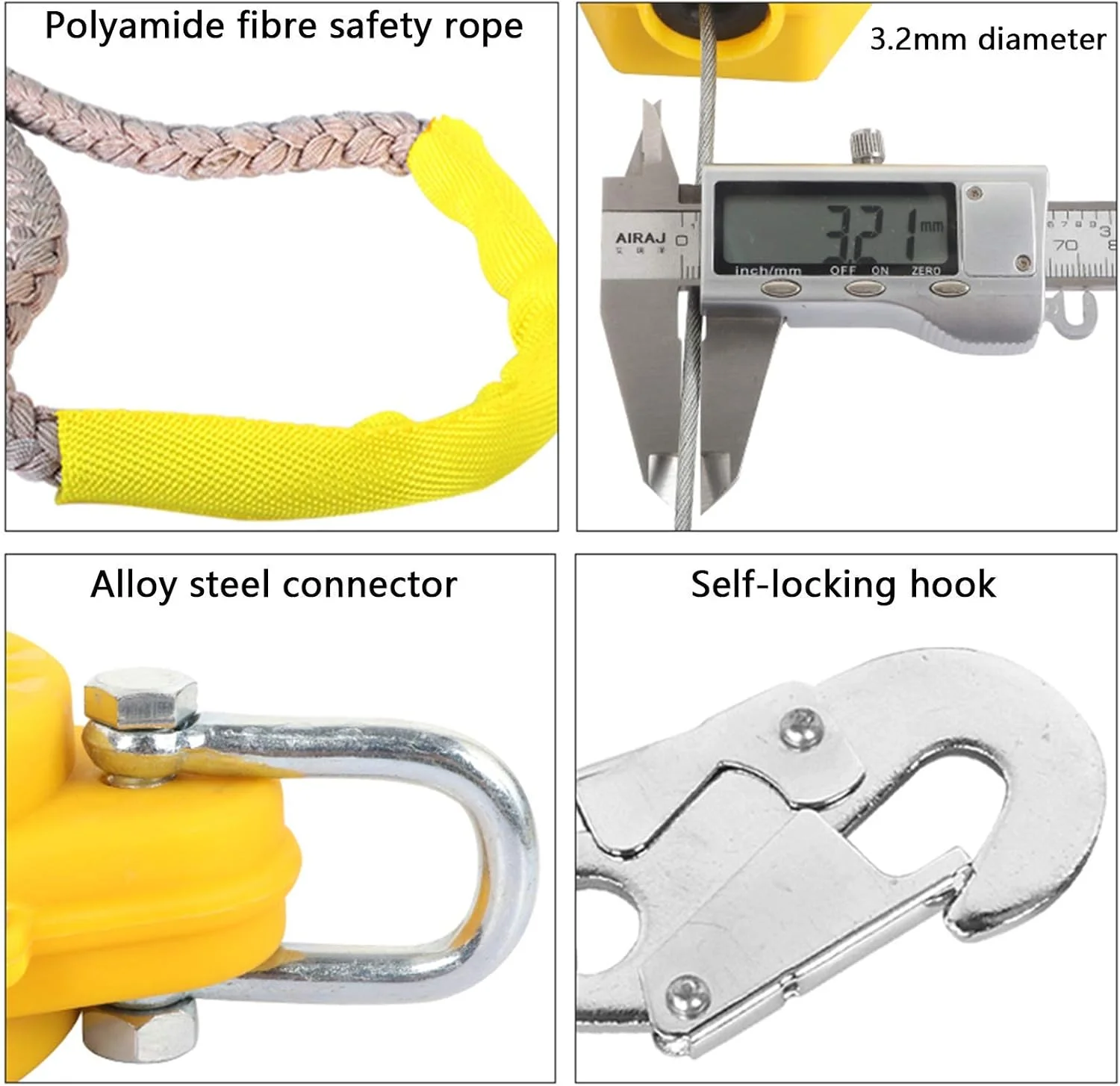 طناب نجات جمع شونده با قلاب میلگرد و سیم بکسل، دستگاه ایمنی حفاظت از سقوط برای ساخت و ساز سقف، کشتی و صخره نوردی، تحمل وزن 150 کیلوگرم (20 متر)