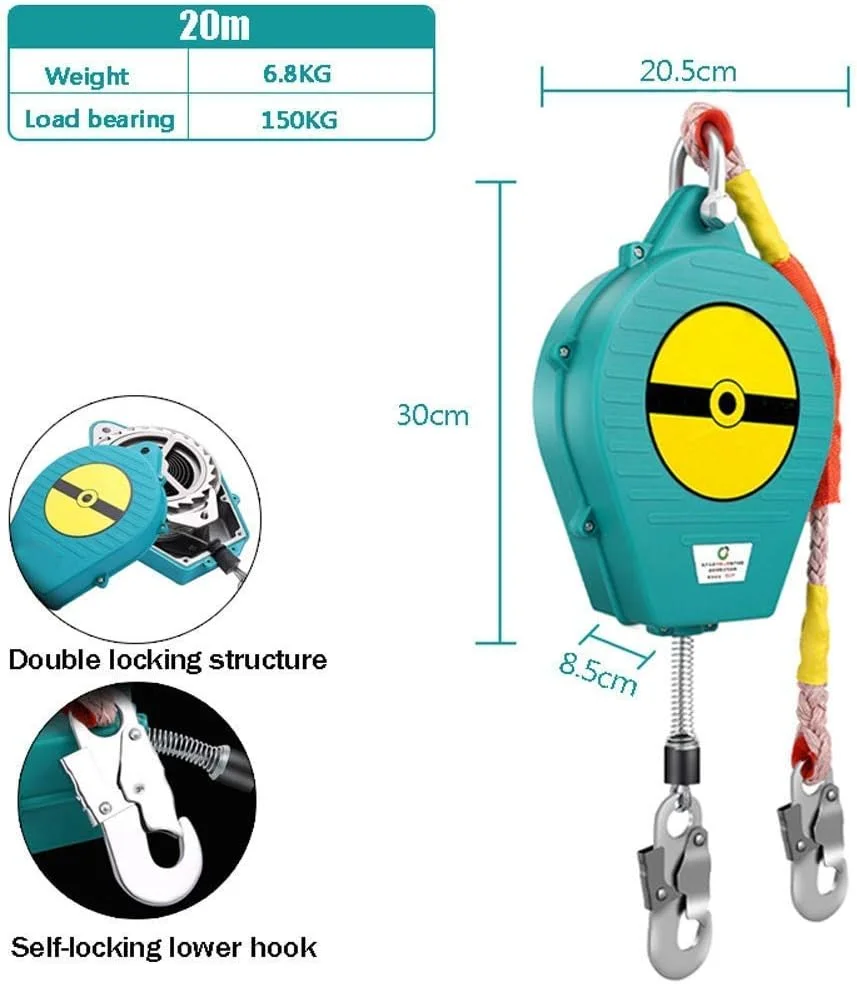 طناب نجات جمع شونده SJHDKLW، ترمز سقوط با قلاب فولادی و اتصال دهنده فولاد آلیاژی، تجهیزات حفاظت فردی (7 متر)