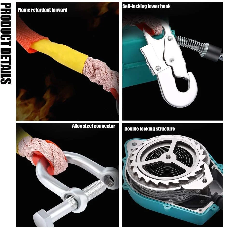 طناب نجات جمع شونده SJHDKLW، ترمز سقوط با قلاب فولادی و اتصال دهنده فولاد آلیاژی، تجهیزات حفاظت فردی (7 متر)