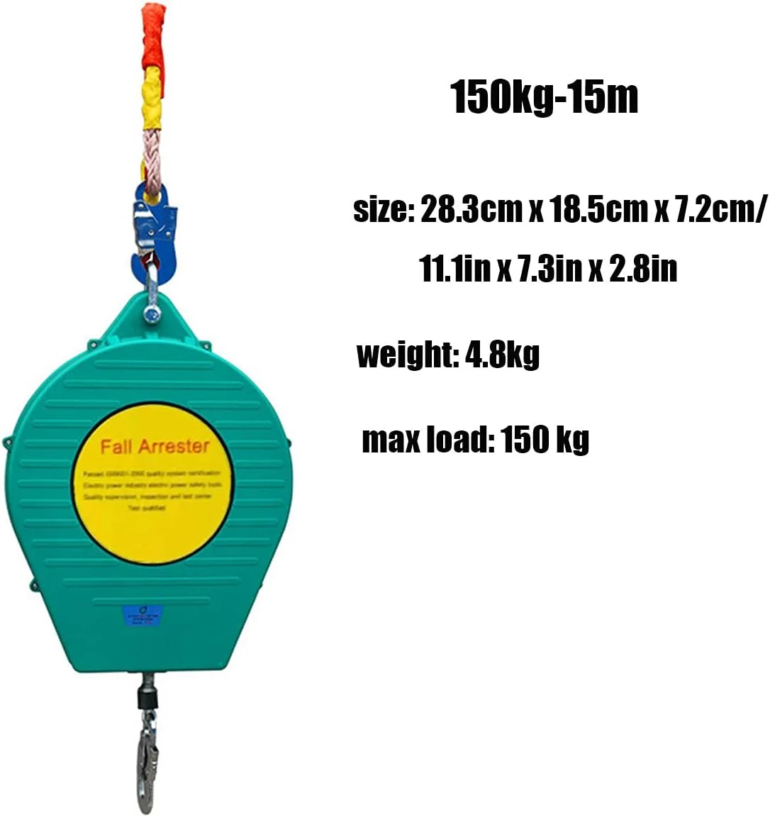 طناب نجات جمع شونده GIKHFSA، ترمز سقوط، تحمل وزن 150 کیلوگرم، 15 متر، با گیره قفل کارابین فولادی، مناسب برای سقف کاری، کار در ارتفاع، محافظت شخصی در برابر سقوط