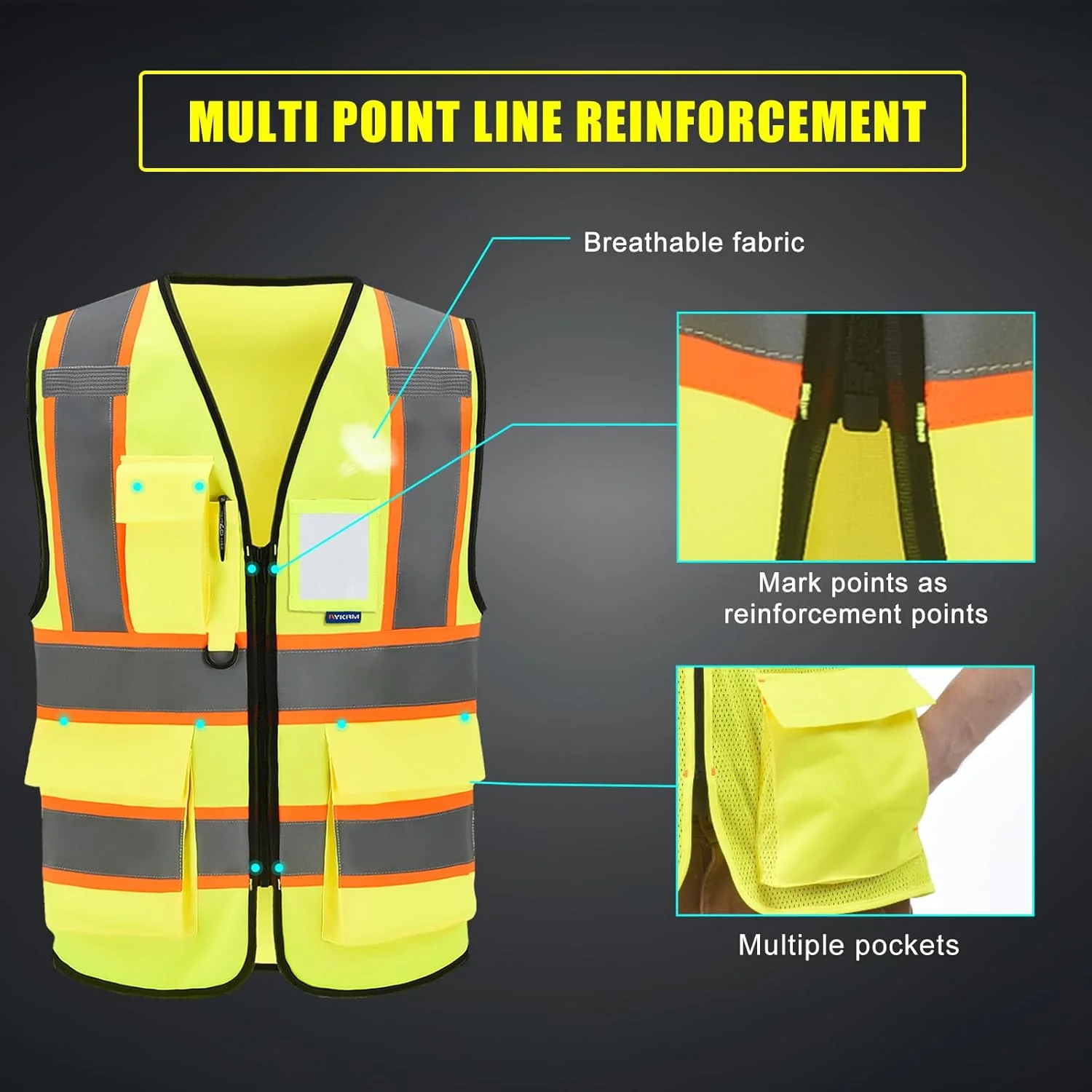 AYKRM Security Vest for Men Women 7 Pockets High Visibility Reflective Safety Vest Front Zipper Meets ANSI/ISEA
