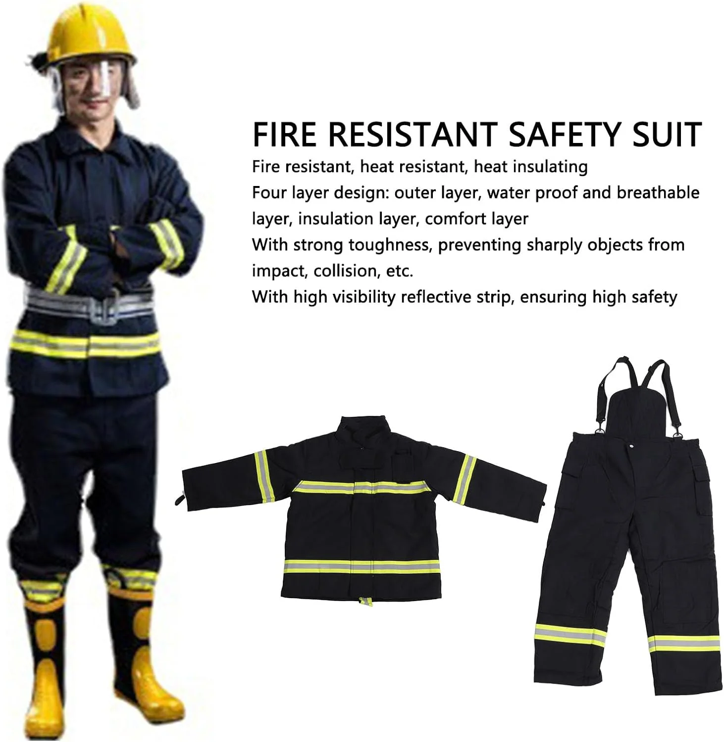 لباس ایمنی مقاوم در برابر آتش، نوار بازتابنده با دید بالا، ژاکت و شلوار عایق حرارت 4 لایه، استحکام مقاوم در برابر آتش، پنبه مقاوم در برابر آتش، ایمنی با دید بالا