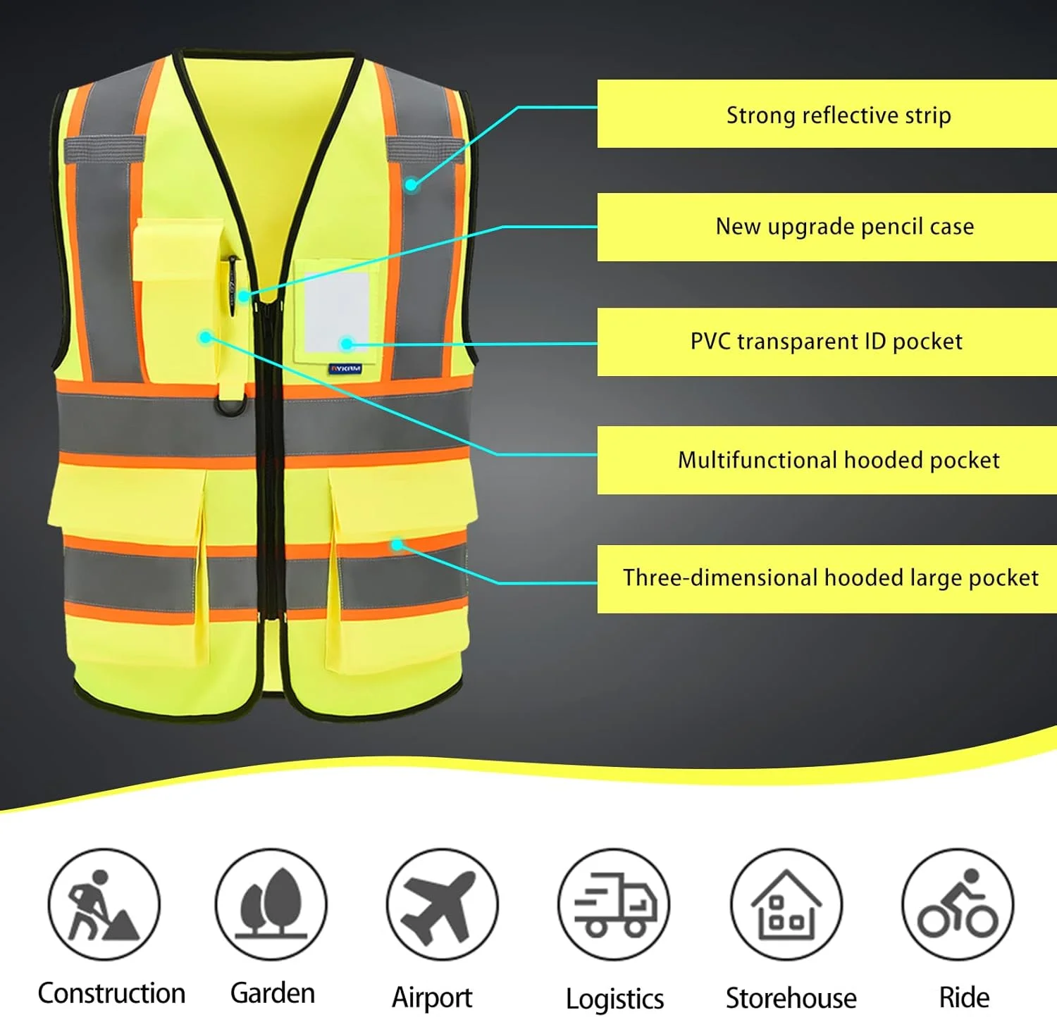 AYKRM Security Vest for Men Women 7 Pockets High Visibility Reflective Safety Vest Front Zipper Meets ANSI/ISEA