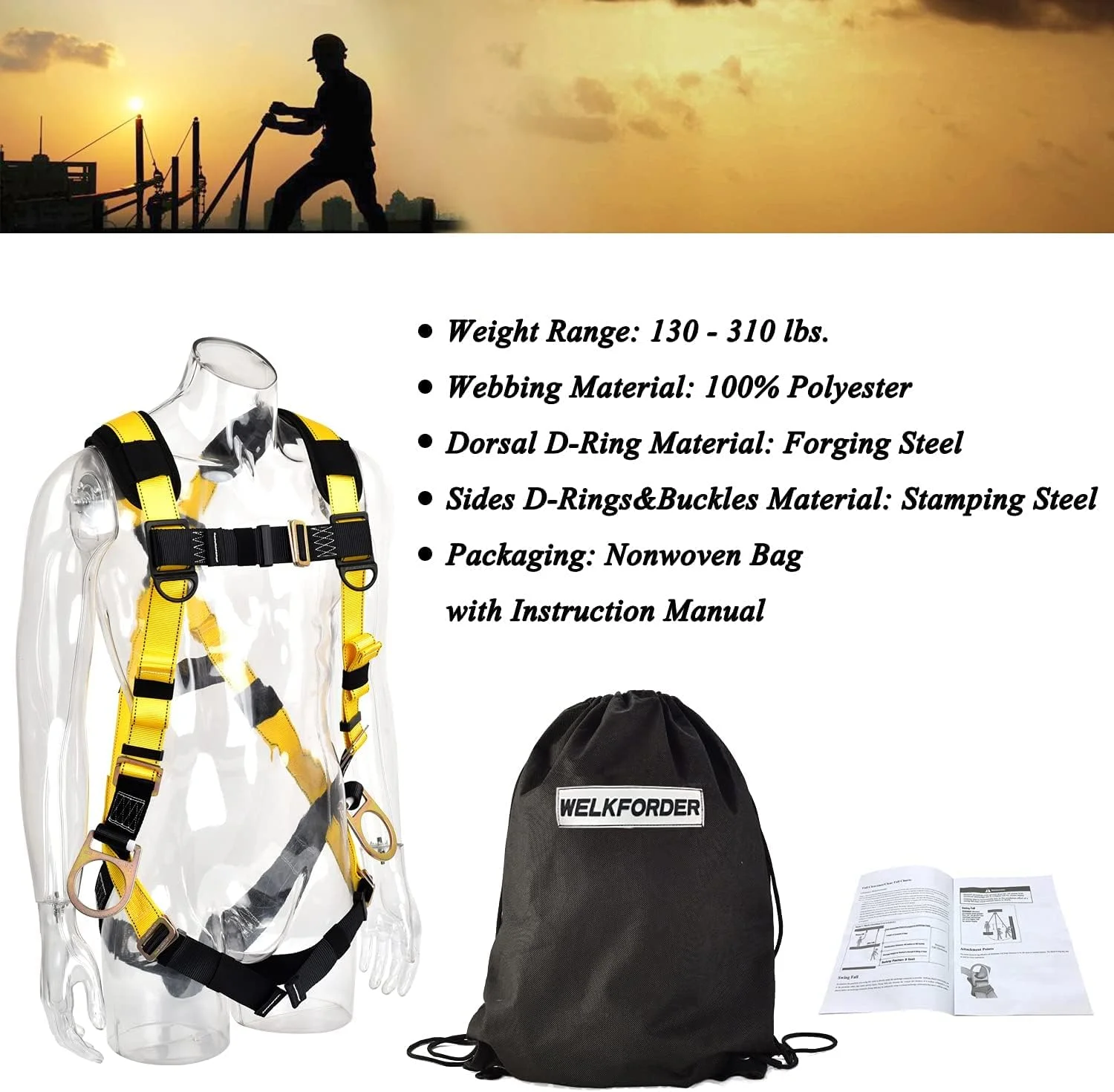 هارنس ایمنی صنعتی تمام بدن WELKFORDER با حلقه سه بعدی، دارای گواهینامه ANSI/ASSE Z359.11-2014، تجهیزات حفاظت شخصی کامل بدن با تنظیم 5 نقطه ای، جهانی 140 کیلوگرم هارنس ایمنی صنعتی تمام بدن WELKFORDER با حلقه سه بعدی، دارای گواهینامه ANSI/ASSE Z359.11-2014، تجهیزات حفاظت شخصی کامل بدن با تنظیم 5 نقطه ای، جهانی 140 کیلوگرم