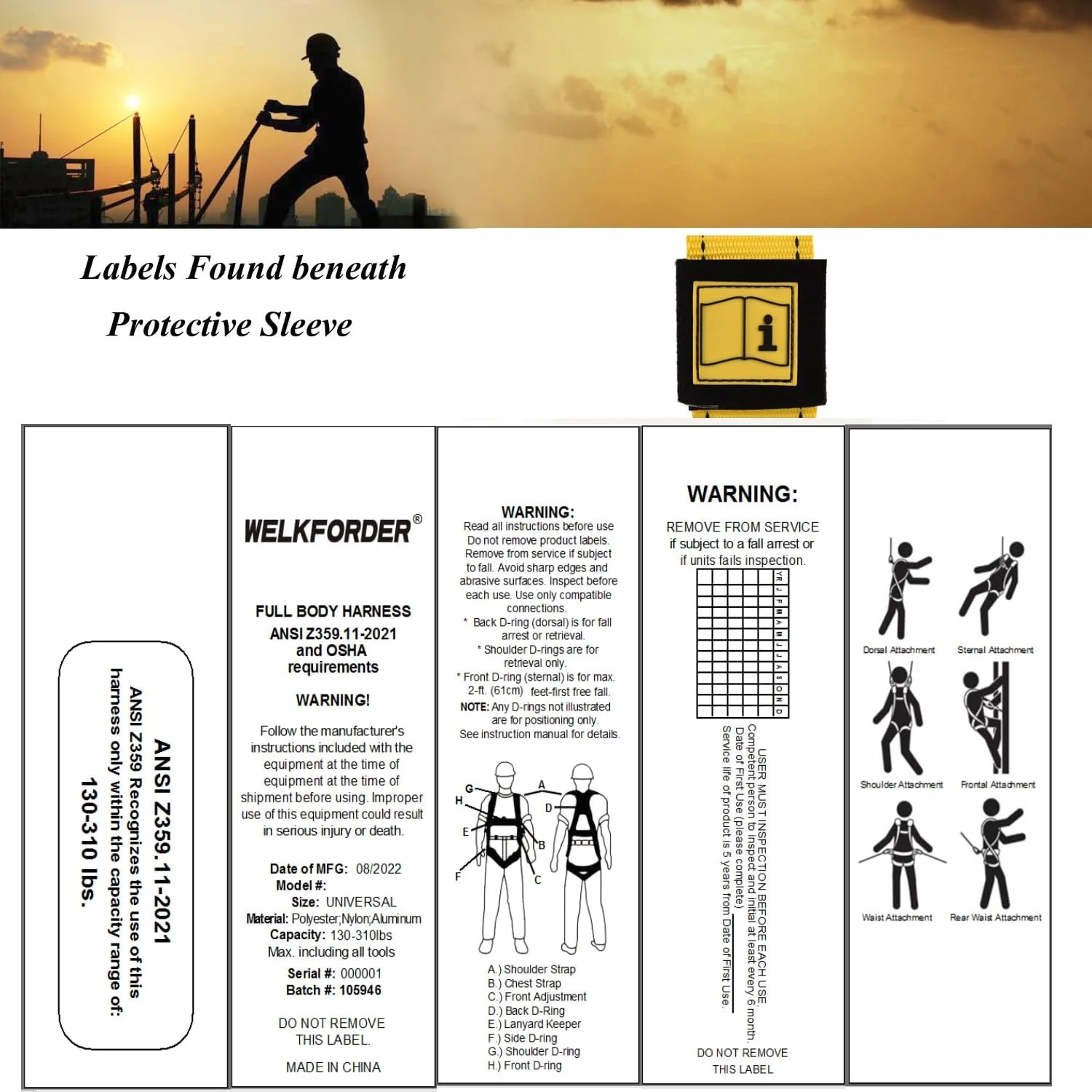 هارنس ایمنی صنعتی تمام بدن WELKFORDER با حلقه سه بعدی، دارای گواهینامه ANSI/ASSE Z359.11-2014، تجهیزات حفاظت شخصی کامل بدن با تنظیم 5 نقطه ای، جهانی 140 کیلوگرم هارنس ایمنی صنعتی تمام بدن WELKFORDER با حلقه سه بعدی، دارای گواهینامه ANSI/ASSE Z359.11-2014، تجهیزات حفاظت شخصی کامل بدن با تنظیم 5 نقطه ای، جهانی 140 کیلوگرم