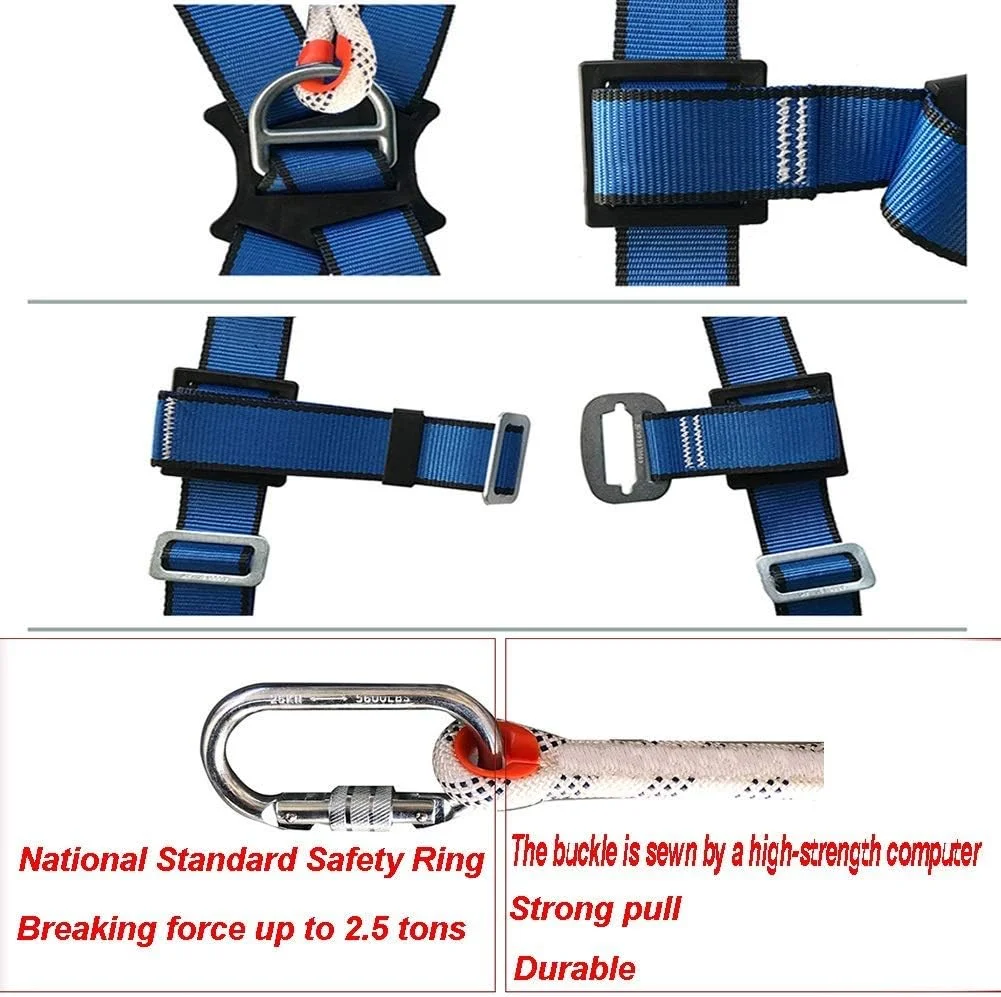 کیت ایمنی جلوگیری از سقوط، کمربند ایمنی نیم تنه با 5 نقطه قابل تنظیم برای محافظت از کمر، لوازم جانبی فولاد آلیاژی، مناسب برای کار در ارتفاع، صخره نوردی (آبی d) جالب