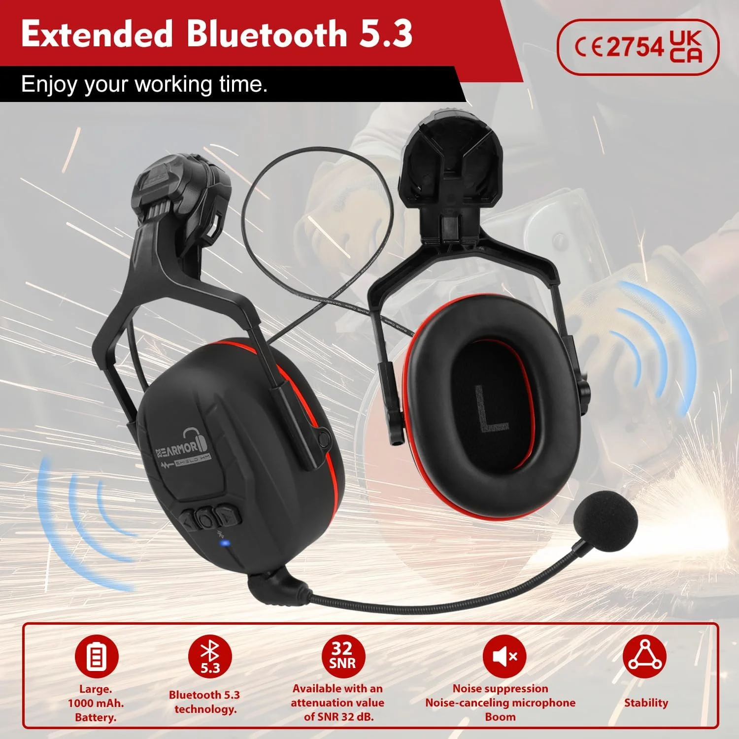 کلاه ایمنی صنعتی HEARMOR مناسب کار در ارتفاع، کلاه ساختمانی بزرگسال با محافظ شنوایی فعال، کلاه ایمنی محافظ ABS دارای گواهینامه EN12492، جذب شوک و مقاومت در برابر نفوذ EN397