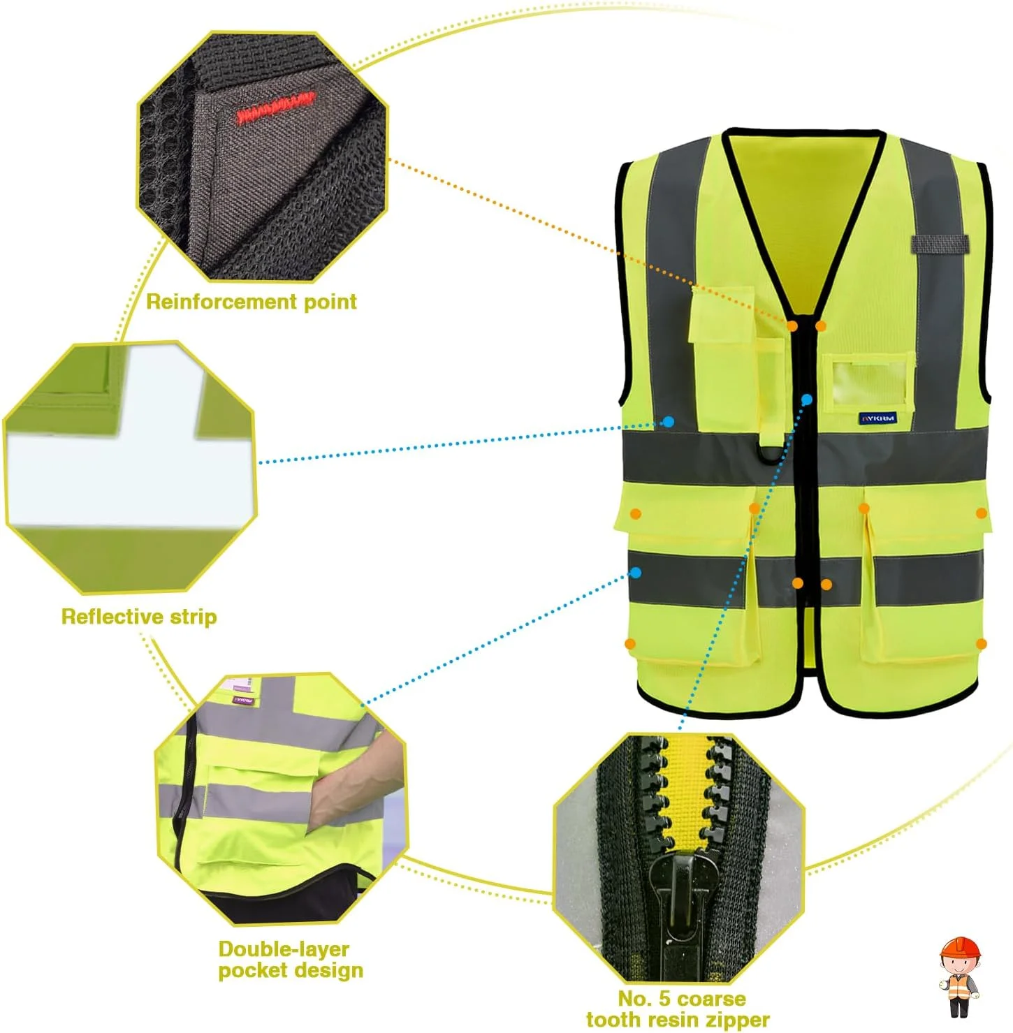 جلیقه ایمنی بازتابنده با دید بالا، مقاوم با 7 جیب و زیپ جلو