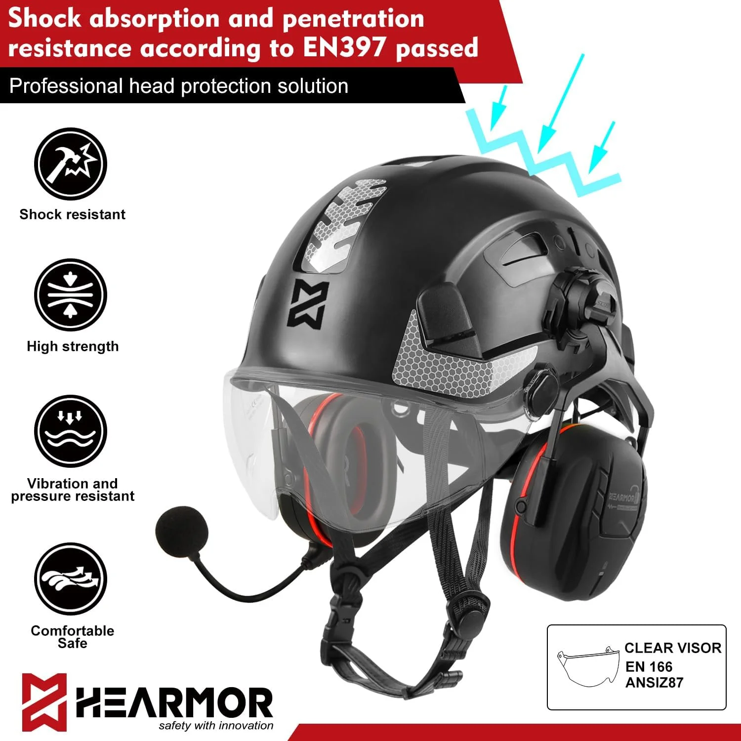 کلاه ایمنی صنعتی HEARMOR مناسب کار در ارتفاع، کلاه ساختمانی بزرگسال با محافظ شنوایی فعال، کلاه ایمنی محافظ ABS دارای گواهینامه EN12492، جذب شوک و مقاومت در برابر نفوذ EN397