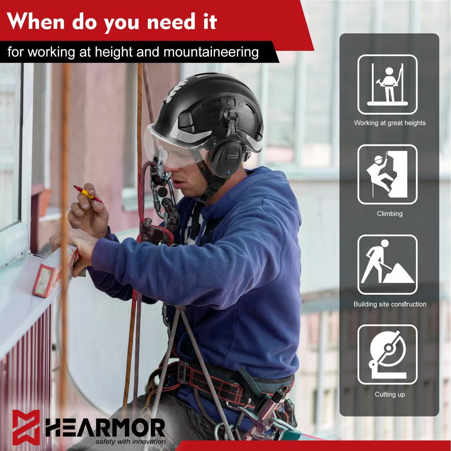 کلاه ایمنی صنعتی HEARMOR مناسب کار در ارتفاع، کلاه ساختمانی بزرگسال با محافظ شنوایی فعال، کلاه ایمنی محافظ ABS دارای گواهینامه EN12492، جذب شوک و مقاومت در برابر نفوذ EN397