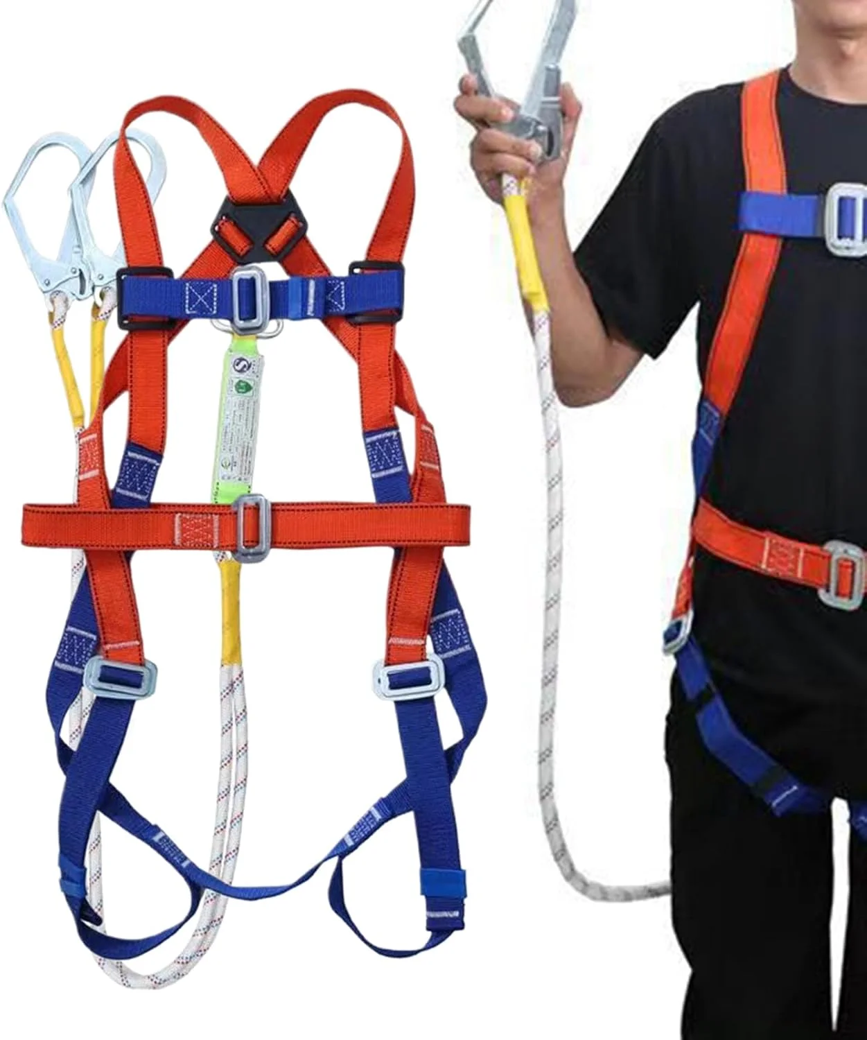 Construction Safety Harness - 5 Point Roofing Harness Full Body - Adjustable Shoulder Straps Flexible Equipment Lanyard Rope Gear for Roof Arborist Climbing Hunting Seguridad
