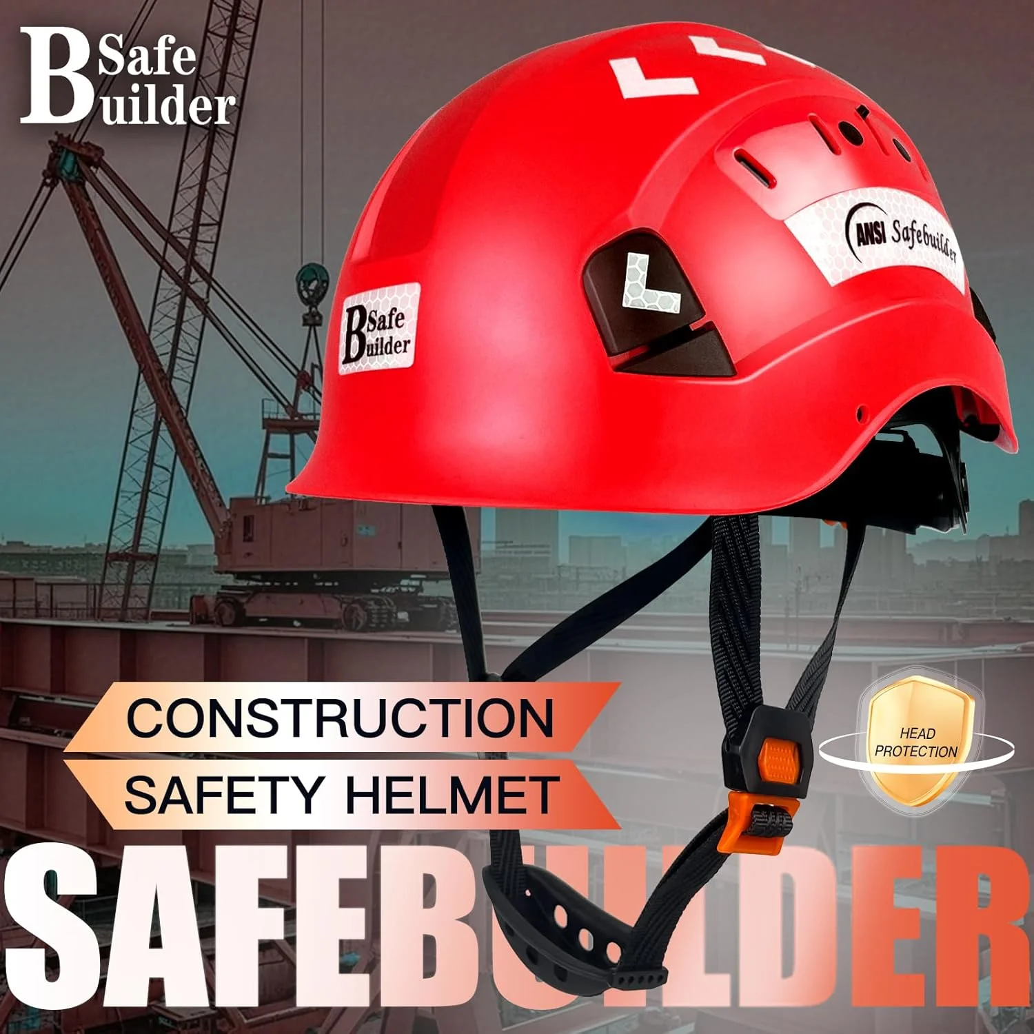 کلاه ایمنی ساختمانی SAFEBUILDER CR06، کلاه سخت ABS، سیستم تهویه قابل تنظیم، کلاه های سخت، محافظت از سر کار صنعتی برای مردان، دارای گواهی ANSI/ISEA Z89.1