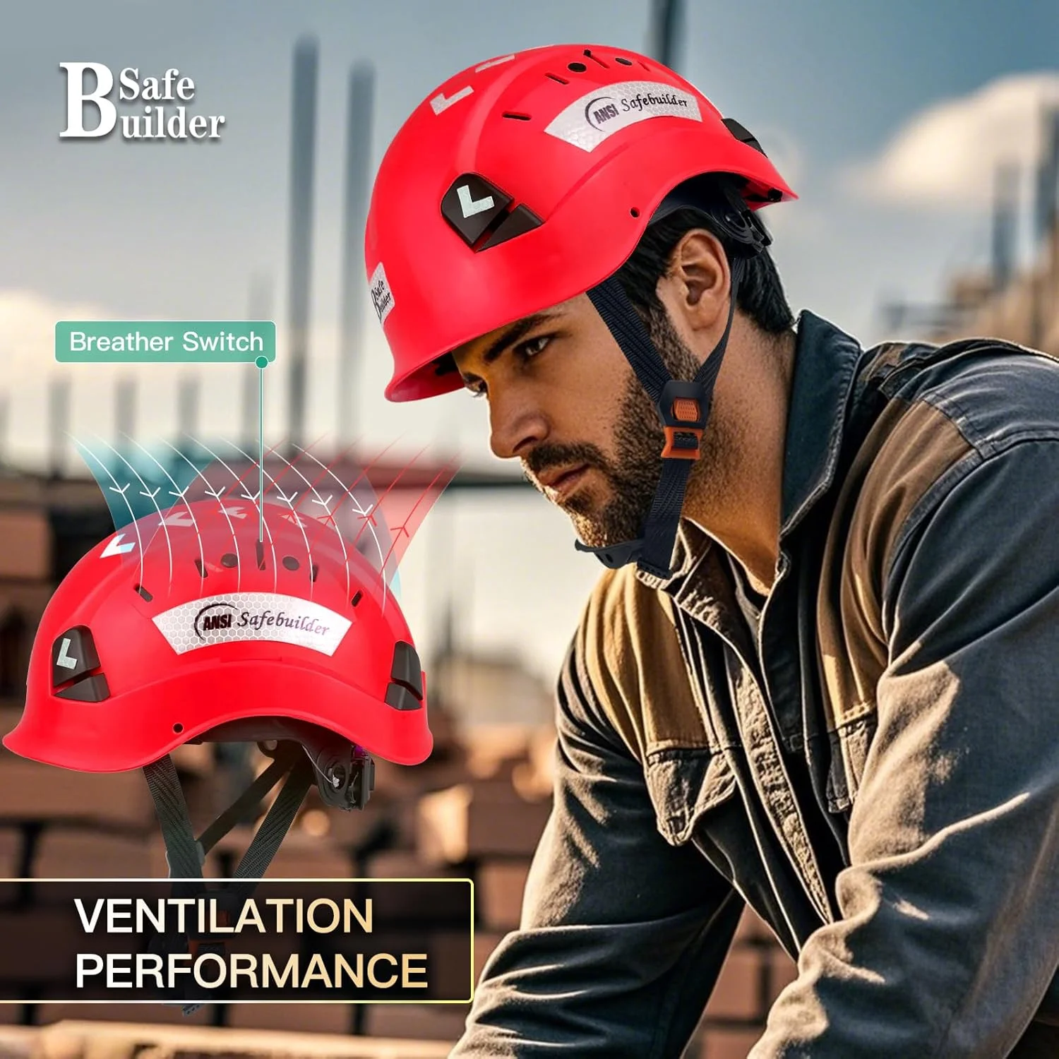کلاه ایمنی ساختمانی SAFEBUILDER CR06، کلاه سخت ABS، سیستم تهویه قابل تنظیم، کلاه های سخت، محافظت از سر کار صنعتی برای مردان، دارای گواهی ANSI/ISEA Z89.1