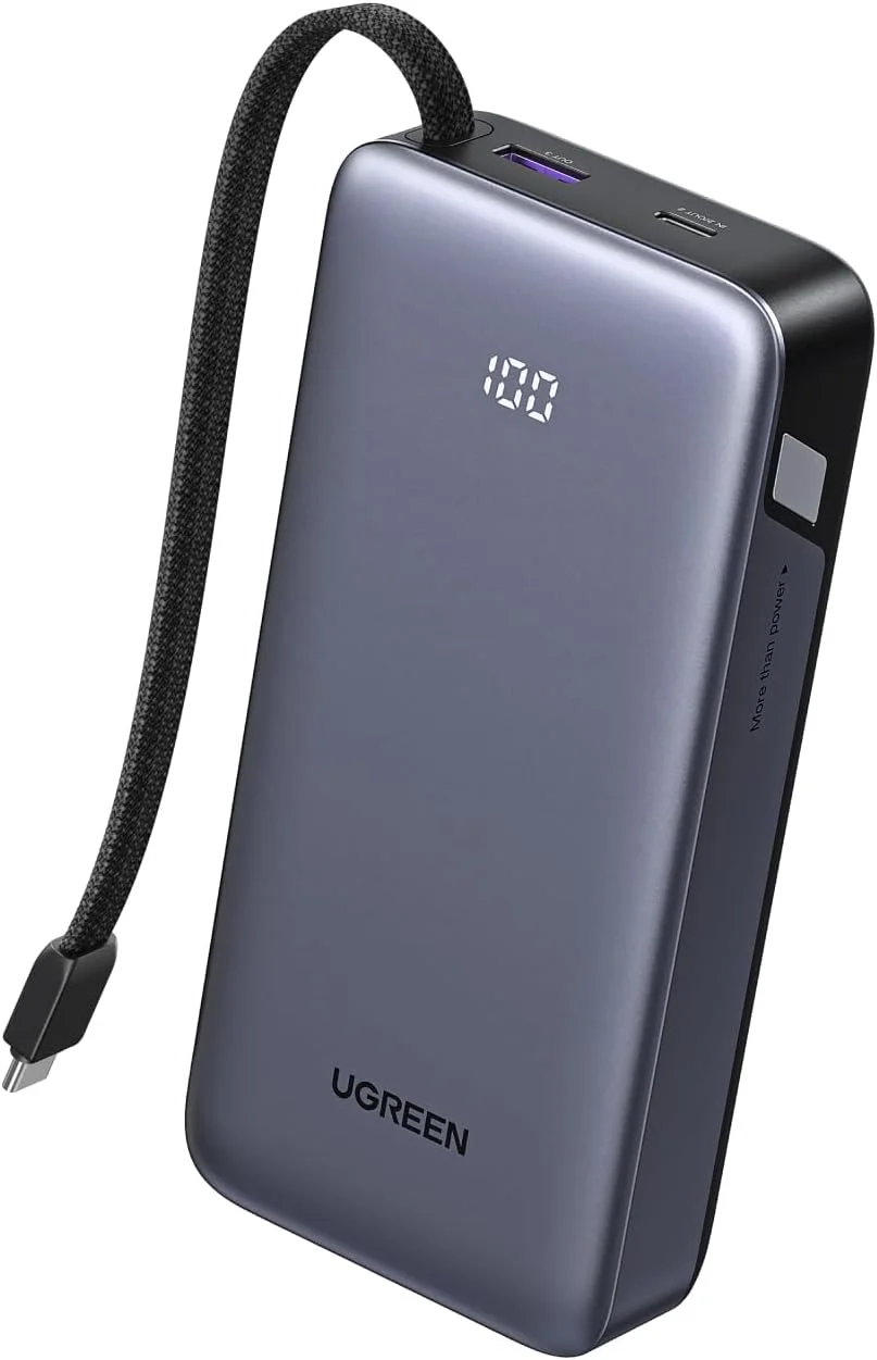 پاوربانک شارژ سریع 45 واتی UGREEN با ظرفیت 20000 میلی آمپر ساعت به همراه کابل USB C داخلی، شارژر قابل حمل با 1 پورت USB C، 1 پورت USB A، نمایشگر LED، باتری تلفن همراه برای آیفون 17 پرو مکس/16، گلکسی S25 Ultra (PPS 45W) و غیره